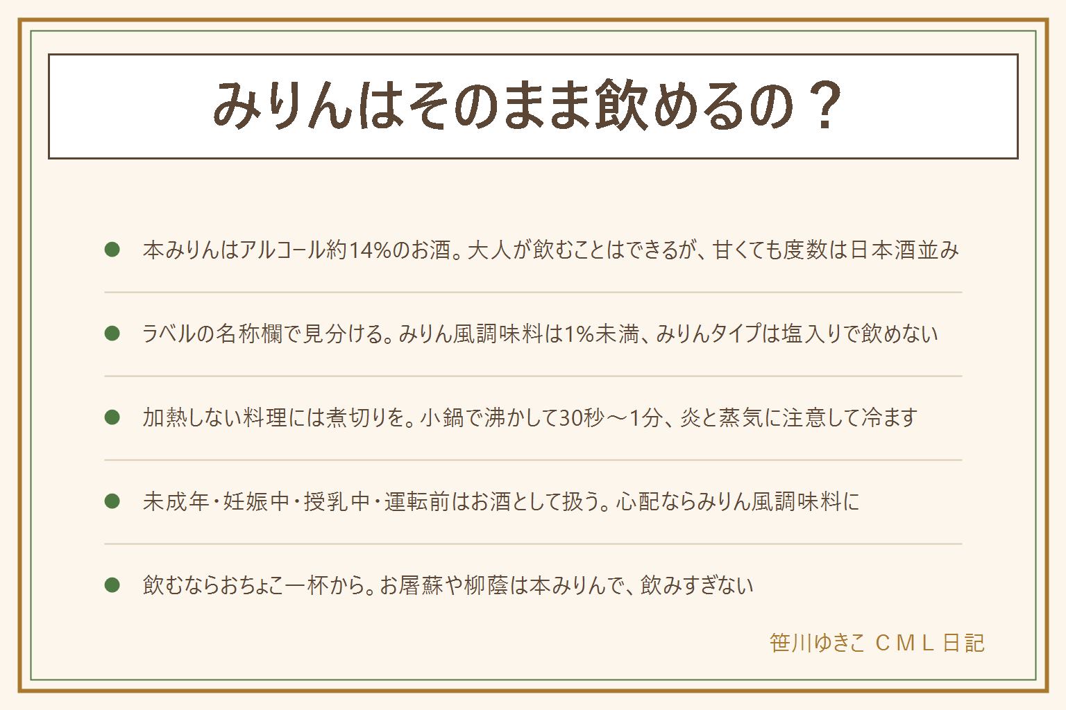みりんはそのまま飲めるかの早見表:本みりんはもち米と米こうじを焼酎に漬けて糖化させたアルコール約14%のお酒で、大人がそのまま飲むことはできるが度数は日本酒並み。ラベルの名称欄で見分け、みりん風調味料はアルコール1%未満で糖類で甘さを作ったもの、みりんタイプ(発酵調味料)はアルコールと塩分があり飲めない。白和え・酢の物・ドレッシングなど加熱しない料理に本みりんを使う時は、小鍋で沸かして弱火で30秒〜1分の煮切りをしてから冷まして使う。換気扇を回し、炎が上がることがあるので鍋から離れない。未成年・妊娠中・授乳中・運転前・お酒に弱い人はお酒として扱い、心配ならみりん風調味料へ。飲むならお屠蘇や柳蔭を本みりんでおちょこ一杯から、飲みすぎない