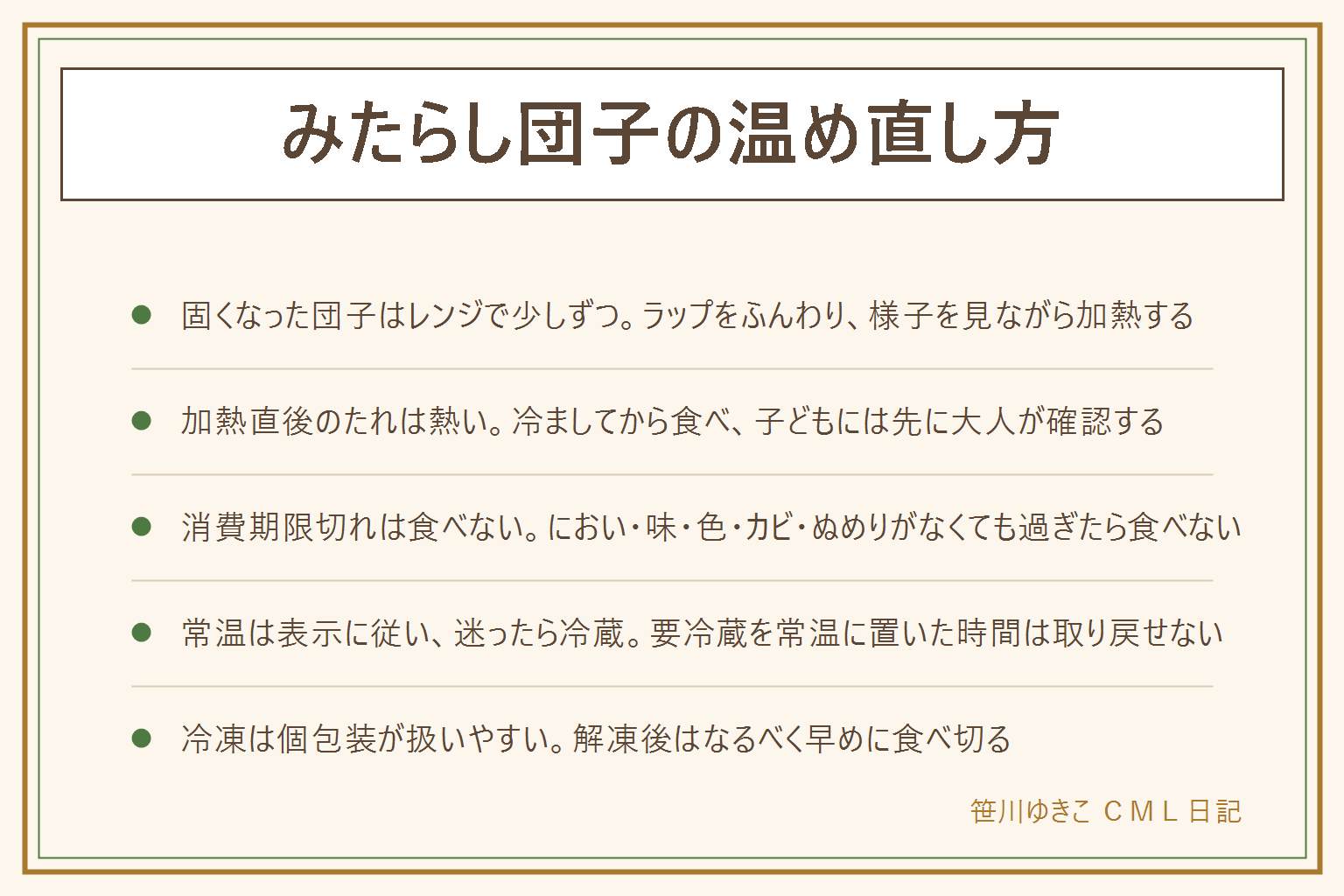 みたらし団子の温め直しと消費期限の早見表:固くなった団子はレンジで少しずつ加熱しラップをふんわりかける、加熱直後はたれが熱いので冷ましてから食べる。消費期限が切れた物は食べない、賞味期限は未開封で表示どおりの保存が前提、におい味色カビぬめり糸を引く様子があれば食べない、乳幼児高齢者妊娠中体調が悪い人には出さない。常温か冷蔵かは表示の保存方法に従い開封後は冷蔵が基本、要冷蔵の物を常温に置いた時間は取り戻せないので迷ったら食べない。冷凍は個包装が扱いやすく解凍後は早めに食べ切る。子どもに出す時はここでも小さく切ってから渡す