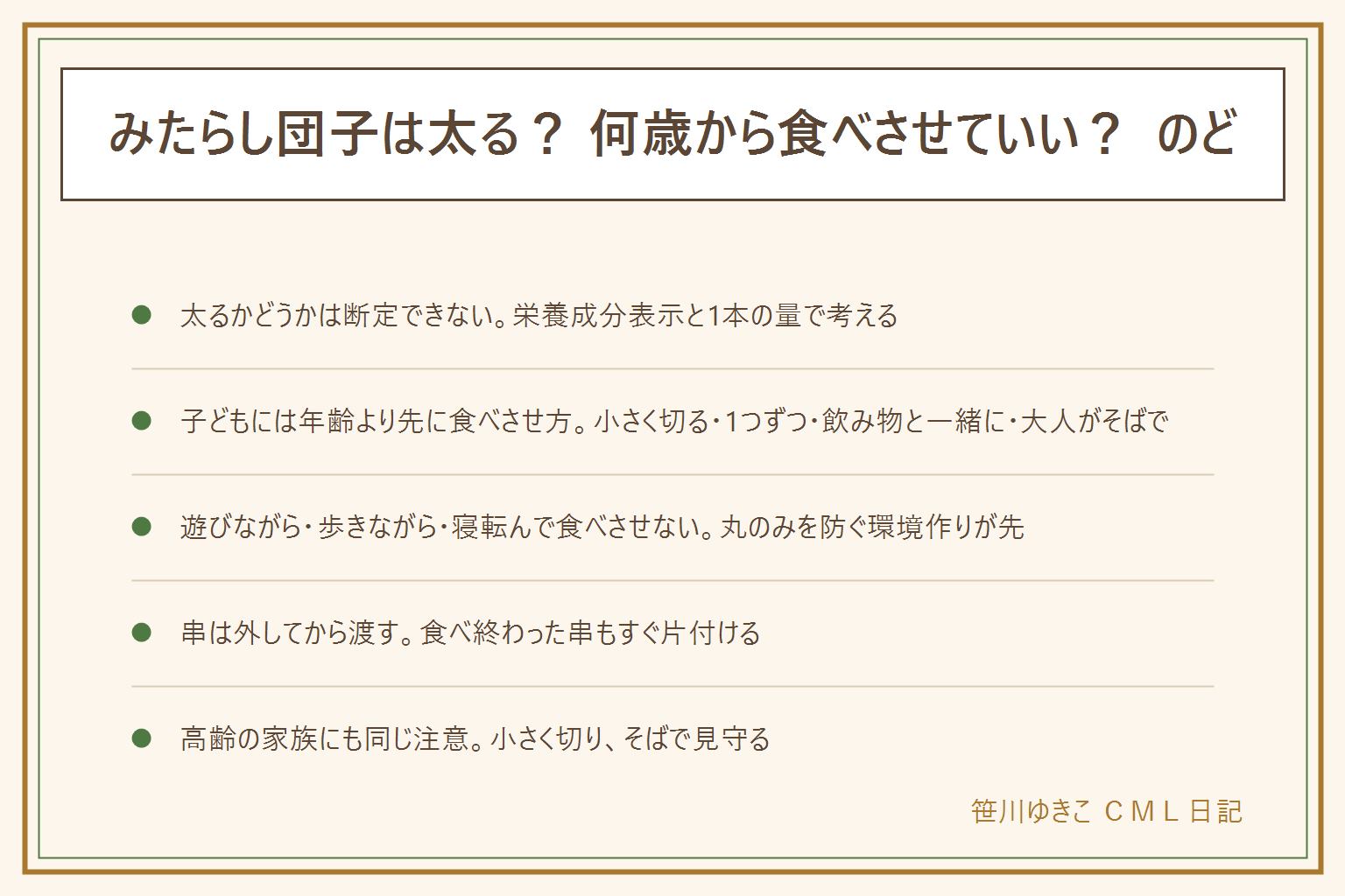 みたらし団子が太るか何歳からかの早見表:太るかどうかは断定できず栄養成分表示と1本の量で考える、食べ過ぎが続くなら量か頻度を見直す。子どもに出す時は年齢より先に食べさせ方が大事で、もち・団子はのどに詰まりやすい食べ物として注意が呼びかけられている、小さく切る・1つずつ・飲み物と一緒に・大人がそばで見守る、遊びながら歩きながら寝転んで食べさせない。串は外してから小さく切って渡し、食べ終わった串はすぐ片付け先を人に向けない。高齢の家族にも同じ考え方で小さく切りそばで見守る。太るのが気になる時は1本を分けて食べる発想が実践しやすい。健康への影響は断定できないため持病や食事制限がある人は医師や管理栄養士に相談する