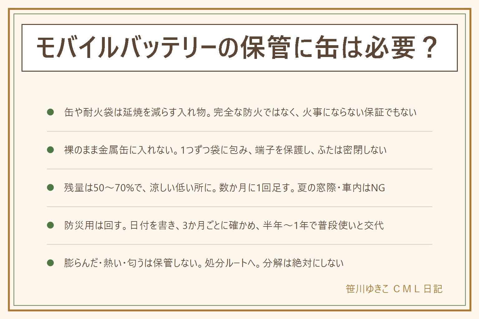 モバイルバッテリーの保管の早見表:缶や耐火袋は万一の時に周りへ燃え広がるのを減らす入れ物で、完全な防火ではなく火事にならない保証でもない。缶に入れる時は1つずつ袋や布で包む、端子をキャップや紙テープで保護する、ふたは密閉せず通気を残す、鍵やクリップなど金属と一緒にしない、ぎゅうぎゅうに詰めない、缶の外にバッテリーと書く。保管の基本は残量50〜70%で置き数か月に1回足す、直射日光と高温多湿を避けて床に近い風通しのよい所へ、夏の窓際・車内・ストーブのそばと冷蔵庫はNG、落とさない。防災用は買った日を本体に書き、3か月ごとに残量と膨らみを確かめ、半年から1年で普段使いと入れ替える。膨らんだ・熱くなった・匂う・落として充電できないものは保管せず処分ルートへ、分解しない