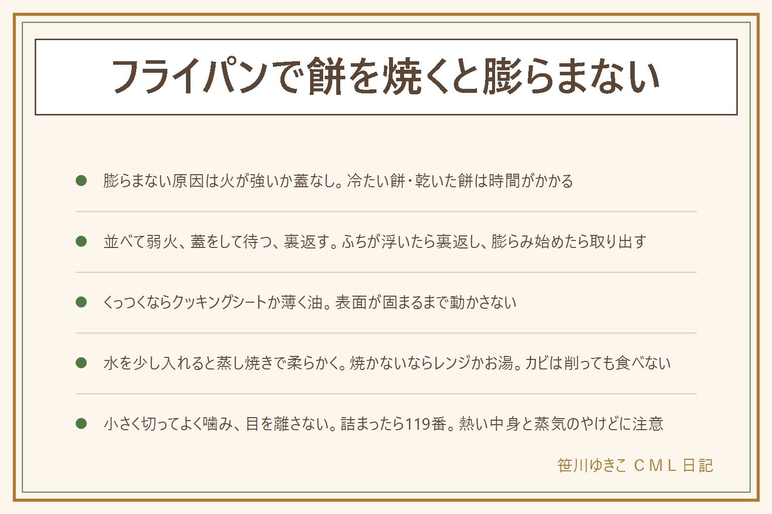 フライパンで餅が膨らまない時の早見表:原因は火が強い・冷たいまま・乾いた餅・蓋なし・餅同士がくっついているのどれか。底だけ焦げて上が白いなら火が強い、時間をかけても固いなら冷たすぎ、ひびや透けがあれば乾いている。焼き方は、火をつける前に間を空けて並べて蓋をし弱火で5〜7分、触らずふちが浮いたら裏返し、蓋をして2〜3分、膨らみ始めたらトングで皿へ。蓋を開ける時は蒸気を顔から離し、取っ手は鍋つかみで。くっつくならクッキングシートを内側に収めて敷くか、キッチンペーパーで薄く油、表面が固まるまで動かさない。水を大さじ1〜2入れて蓋をすると蒸し焼きで柔らかくなり、水がなくなってから焼き色をつける。焼かないならレンジかお湯、カビた餅は削っても食べない。食べる時は子どもと高齢の人には1〜2cm角に切り、ひと口ずつよく噛み、汁物を先に一口、目を離さない。詰まったらすぐ119番、対応は消防や医療の案内に従う。餅の中身は熱いので少し冷ましてから