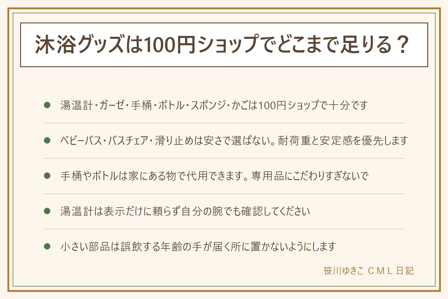 沐浴グッズと100円ショップの早見表:湯温計・ガーゼ・手桶・詰め替えボトル・バススポンジ・収納かごは100円ショップで十分。ベビーバス・バスチェア・浴槽の滑り止めのように体を預ける道具は安さで選ばず耐荷重と安定感を優先する。手桶はボウルや洗面器、ボトルは調味料の容器、かごは家にあるバスケットで代用できる。湯温計は表示だけに頼らず自分の腕の内側でも確認し、小さい部品や吸盤式の物は誤飲する年齢の手が届く所に置かない。沐浴中は目と手を離さず片手で支え、綿棒は入り口までにとどめる。肌トラブルや頻度の判断は断定せず産院や自治体の相談窓口へ