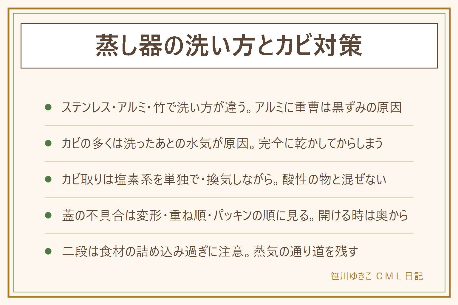蒸し器の洗い方とカビ対策の早見表:ステンレスは中性洗剤で洗い水垢はクエン酸、アルミは中性洗剤で洗い黒ずみは酢で対処し重曹は使わない、竹のせいろは水につけ置きせずさっと洗って早めに乾かす。カビは洗ったあとの水気の残りが原因なので完全に乾かしてから風通しのいい場所にしまう。カビ取りは塩素系のカビ取り剤を単独で使い換気をしながら行い、酸性の物と絶対に混ぜない。蓋が閉まらない時は変形、二段の重ね順、パッキンの劣化や汚れの順に確認し、蓋を開ける時は奥側から少しずつ開けて蒸気のやけどを避ける。二段で使う時は食材を詰め込み過ぎず蒸気の通り道を残し、水が減りすぎて空焚きにならないよう途中で確認する。