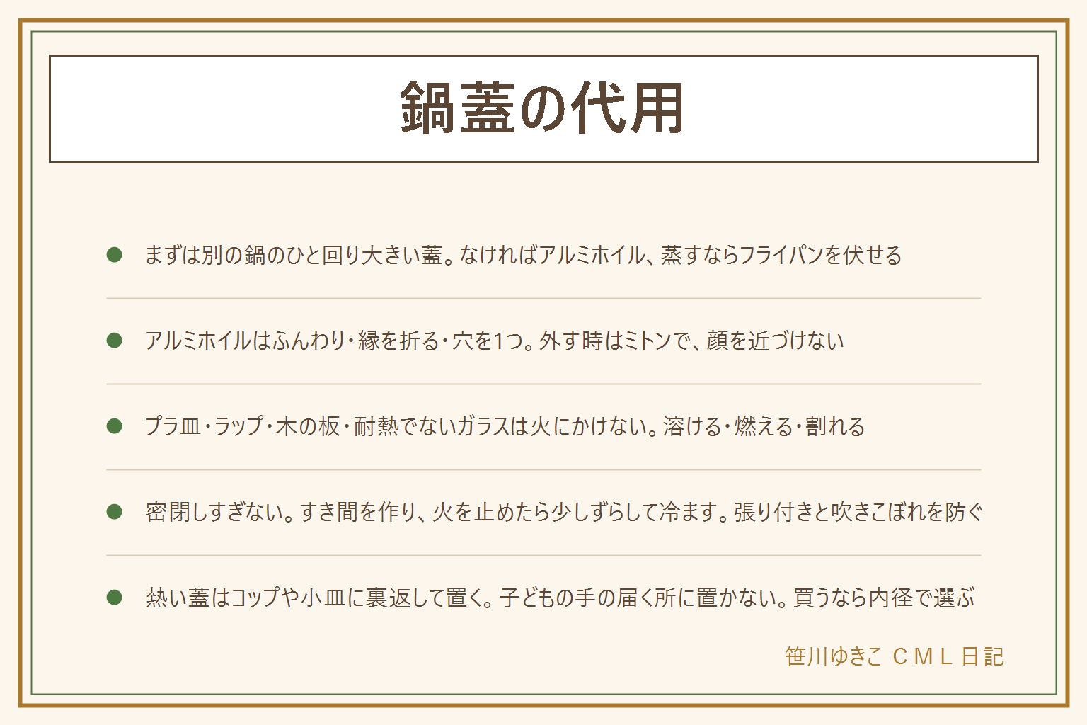 鍋蓋の代用の早見表:煮る・蒸す・保温で向く物が変わる。別の鍋のひと回り大きい蓋が縁に載れば最優先、次にアルミホイル、蒸すならフライパンを伏せる、保温なら耐熱の平皿。クッキングシートは落とし蓋の代わりで鍋蓋の代わりではない。アルミホイルは鍋より10cm大きく切り、真ん中に山を作ってふんわりかぶせ、縁を外側に軽く折り、竹串で穴を1つ、外す時はミトンで顔を近づけない。火にかけていいのは耐熱ガラスと金属だけで、プラスチックの皿やボウル、ラップ、木の板やまな板、耐熱でないガラス皿、鍋の内側に落ちる小さい蓋は使わない。密閉しすぎると吹きこぼれと張り付きが起きるので、すき間を1cm作り、火を止めたら少しずらして冷ます。鍋蓋スタンドの代用はコップに裏返してつまみを入れる、小皿に布巾を敷いて裏返す、お玉立てに立てる。熱い蓋は子どもの手の届く所に置かず、ガラス蓋は立てかけない。買い替えは鍋の内径を内側の壁から壁まで測って選ぶ