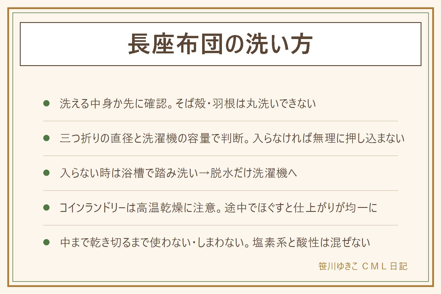 長座布団の洗い方の早見表:先に中身が洗える素材か確認、そば殻・羽根は丸洗いできない。洗濯機に入るかは三つ折りの直径と容量表示で判断、入らなければ浴槽で踏み洗いしてから脱水だけ洗濯機を使う。コインランドリーは容量表示と乾燥機の温度に注意し、途中で取り出してほぐすと仕上がりが均一になる。洗えない時はカバーだけ洗う・天日干し・掃除機・重曹で手入れする。乾燥機・熱湯・漂白剤は洗濯表示を見てから、塩素系と酸性は混ぜない。乾かす時は物干し2本にV字にかけて表裏を返し、中まで乾き切るまで使わない・しまわない。ホットカーペットの上に厚く重ねて乾かさない、電気毛布やホットカーペットの上で使う・乾かす時は電源を切ってから、寝落ちしない・長時間同じ場所を温めない