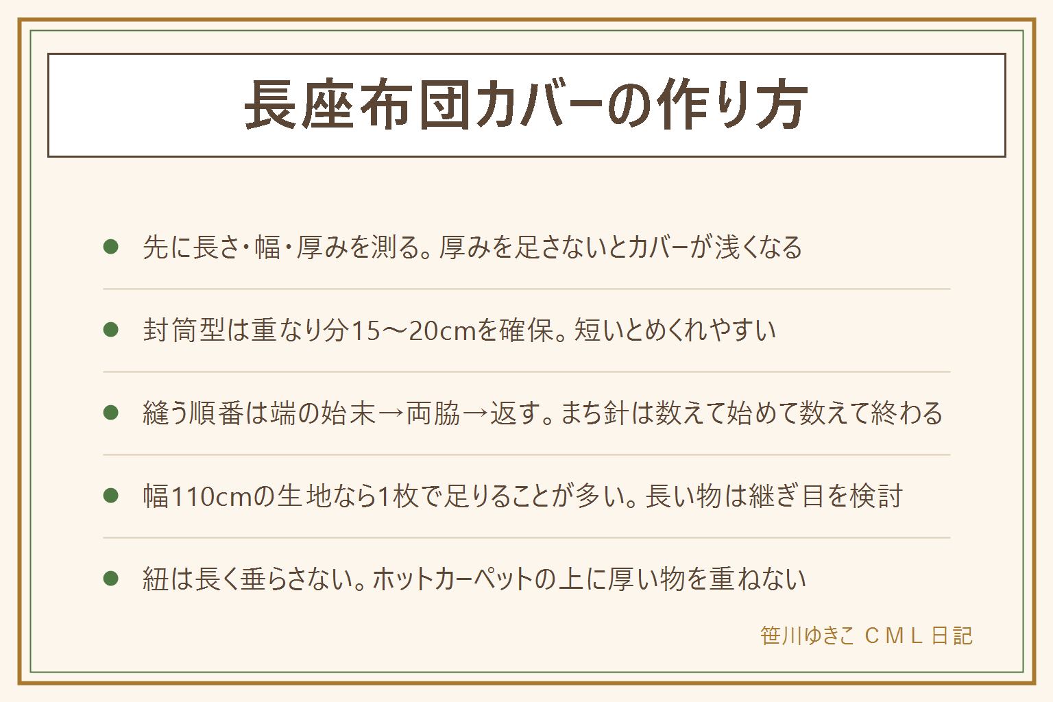 長座布団カバーの作り方の早見表:先に長さ・幅・厚みの3か所を測る、厚みを足し忘れるとカバーが浅くなる。封筒型はファスナーなしで重なり分15〜20cmを確保して裁つ。縫う順番は端をほつれ止め、中表で両脇を縫う時はまち針を数えて打ち返し口を残す、表に返して角を目打ちで整え返し口をとじる。布は幅110cmのオックス生地なら長さ120〜150cmの長座布団に1枚で足りることが多い。裁つ前に水通しをして縮みを見込み、アイロンは当て布をして直接当てない。ずれる時は面ファスナーや角に紐で固定するが紐は長く垂らさない。ホットカーペットの上に厚い物を重ねない。ミシン・アイロン・裁ちばさみ・目打ちはけがに注意し、縫わない選択肢として接着芯や両面テープも検討できる
