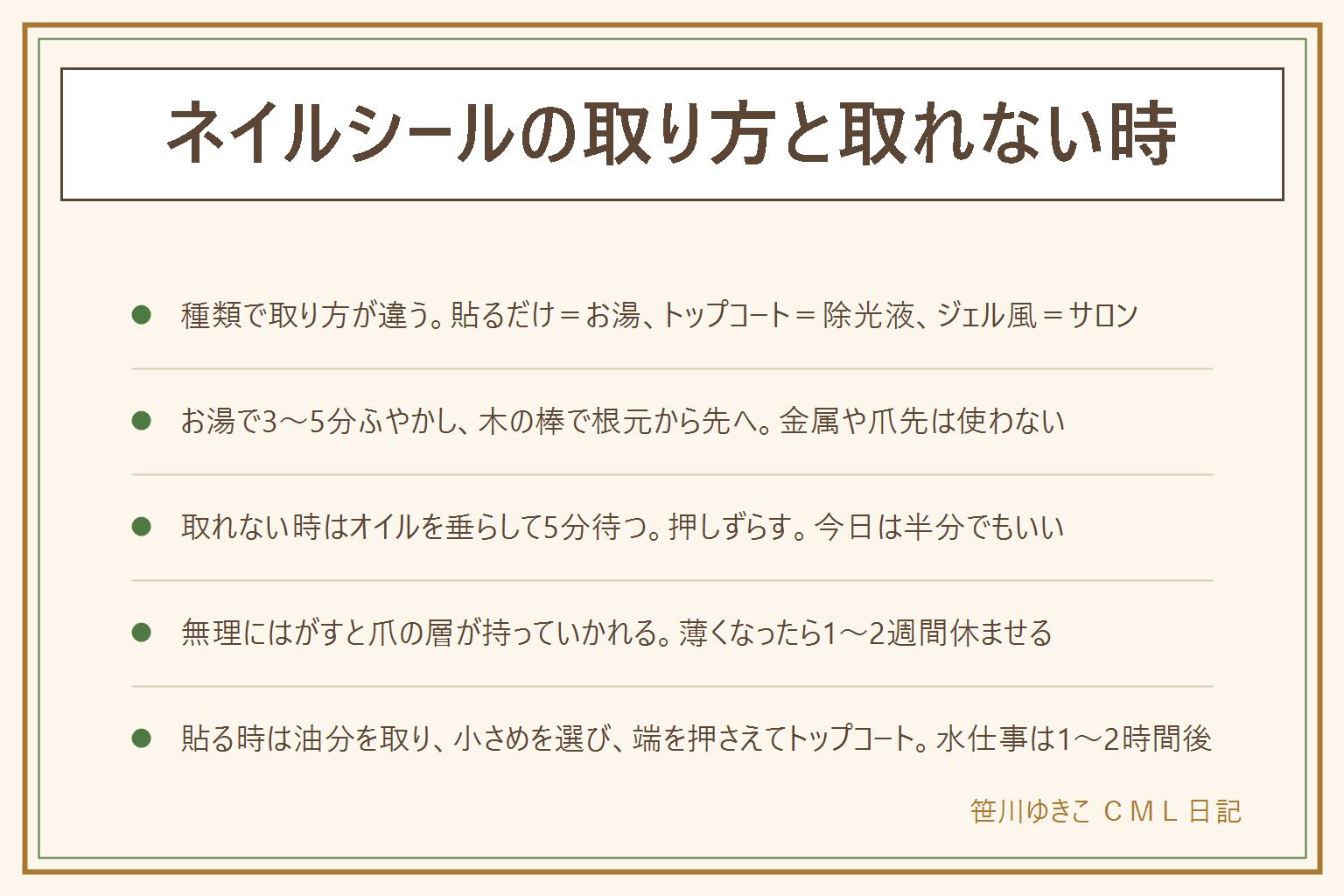 ネイルシールの取り方と取れない時の早見表:種類で取り方が違い、貼るだけタイプはお湯、トップコートを塗ったものは除光液で膜を溶かしてから、ジェル風の硬いタイプは専用リムーバーかサロン。基本の取り方はお湯に3〜5分つけ、木の棒で端を持ち上げ、根元から先へゆっくりはがし、残った粘着はオイルで拭って最後に保湿。取れない・端だけ残る時はオイルを垂らして5分待ち、押しずらす、除光液で粘着を溶かす、今日は半分でもいい。無理にはがすと爪の層が持っていかれるので、白くなった・薄くなったら1〜2週間休ませる。100均シールの貼り方は油分を取る、小さめを選ぶ、根元から空気を押し出す、端を押さえる、トップコート、1〜2時間は水仕事をしない。赤み・かゆみは中止して皮膚科へ