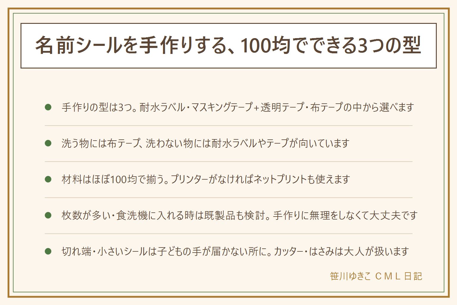 名前シールの手作り早見表:型は耐水ラベルに印刷・マスキングテープと透明テープを重ねる・布テープに油性ペンで書くの3つ。耐水ラベルとテープの組み合わせは洗わない持ち物向き、布テープは服など洗う物にある程度耐える。材料はほぼ100均で揃い、プリンターがなければネットプリントも使える。枚数が多い・食洗機に入れる・園の指定書式がある時は既製品も検討する。切れ端や小さいシールは誤飲に注意して子どもの手が届かない所に置き、カッターやはさみは大人が扱い角を丸くカットする
