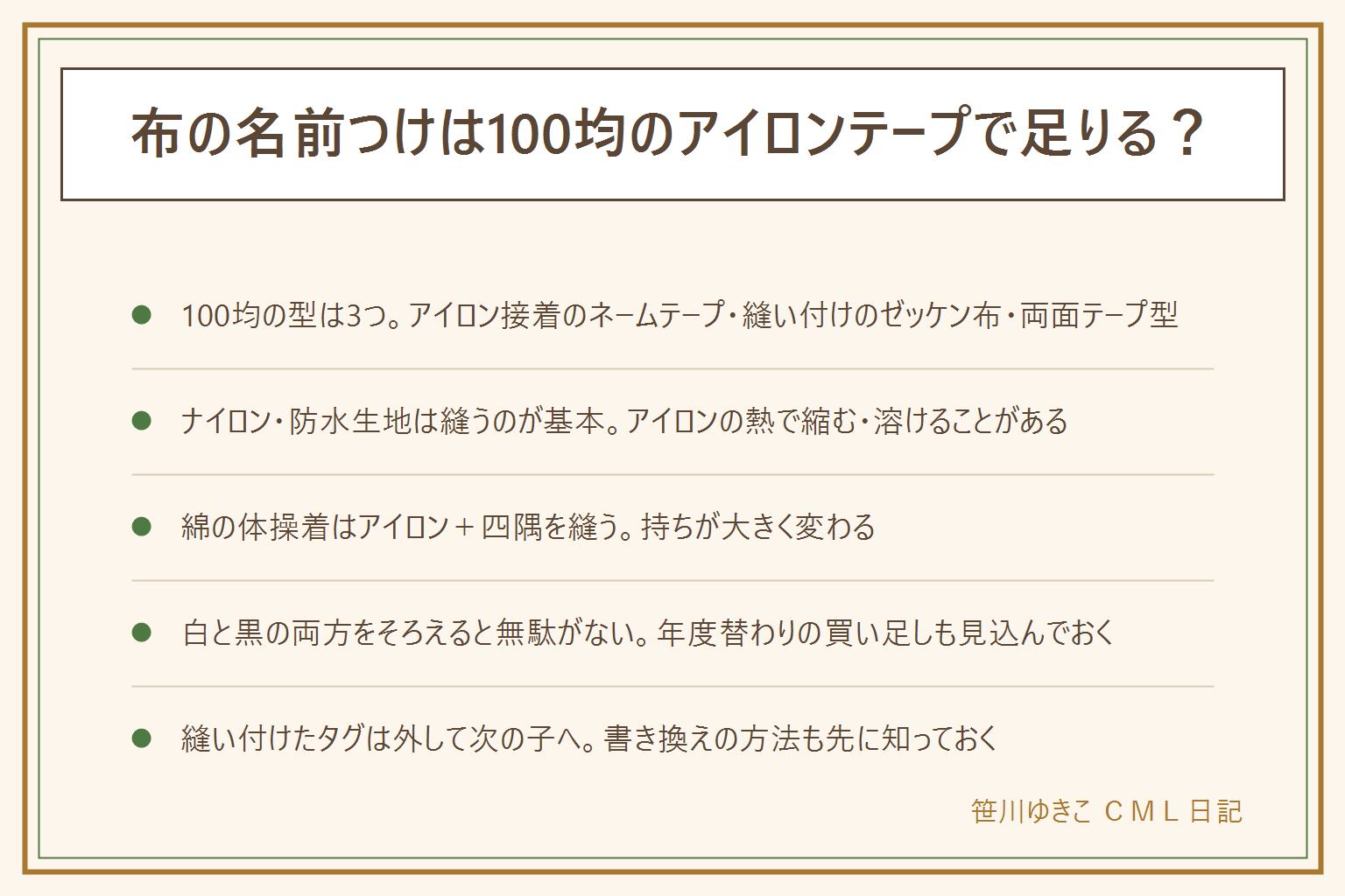 布の名前つけ100均活用の早見表:型はアイロン接着のネームテープ・縫い付けのゼッケン布・両面テープ型の3つ、両面テープは応急向き。生地は綿の体操着ならアイロン接着に四隅を軽く縫い足す、ナイロンや防水生地は縫うだけ、タオル地は縫い付けタグが向く。ナイロンや防水生地はアイロンの熱で縮む・溶けることがあるので縫うのが基本。白地と濃色向けの白抜きの両方をそろえると持ち物の色を選ばず使える。剥がれ対策は四隅を糸で数針押さえること。お下がりで譲る時は縫い付けたタグなら糸をほどいて外せる。アイロンは当て布と温度に注意し子どもを近づけない。