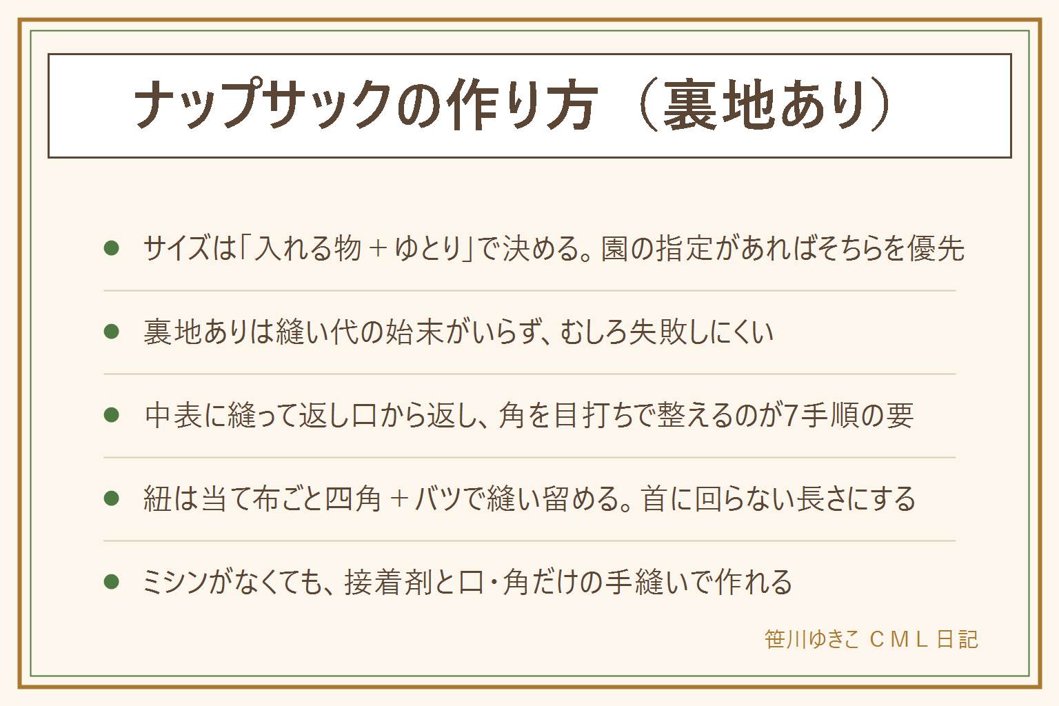 裏地ありナップサックの作り方の早見表:サイズは入れる物とゆとりで決める、体操服は縦プラス5〜7cm・横プラス4〜5cm、上履きは縦横プラス3〜4cm、着替え一式は縦プラス6〜8cm・横プラス5〜6cmが目安、園の指定があれば最優先。裏地ありは縫い代の始末がいらず失敗しにくい。材料は表布・裏布を2枚ずつ・肩紐用アクリル紐2本。手順は表布どうし裏布どうしを中表に縫う、返し口を残して袋口を一周縫う、表に返して角を目打ちで整え返し口をとじる。肩紐は当て布ごと四角とバツで縫い留め、首に回らない長さ・斜めがけを後から長くしない・子どもが自分で開け閉めできる長さにする。まち針や針は本数を数えて始め数えて終わる、アイロンは当て布をして蒸気のやけどに注意。ミシンがない時は脇と底を布用接着剤で貼り、袋口と紐の付け根だけ手縫いで補強する