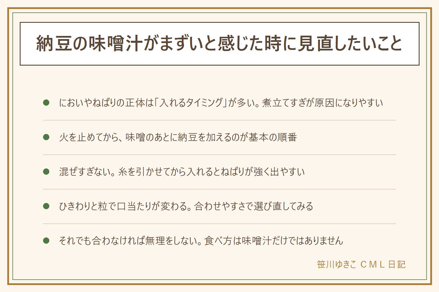 納豆の味噌汁がまずい時の見直しポイント早見表:においやねばりが気になる原因は煮立てすぎが多い、基本は火を止めてから味噌のあとに納豆を加える、混ぜすぎず軽く加える程度でよい、ひきわり納豆は汁になじみやすく粒納豆は食感が残る、種類を変えて合わせやすさを見直す、作り方を工夫しても合わないと感じたら無理に続けなくてよい、熱い汁は子どもの器を薄く少なめにしてから冷まして渡す、納豆の保存は別記事へ