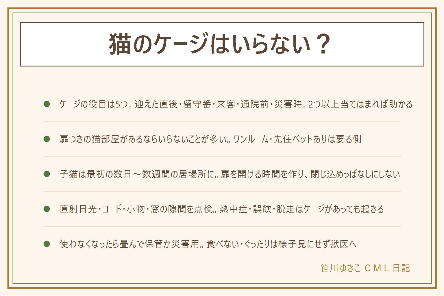 猫のケージはいらない?の早見表:ケージの役目は迎えた直後・留守番・来客や工事・通院前・災害時の5つで、2つ以上当てはまる家はあると助かる。扉つきの猫部屋がある1匹飼いはいらないことが多く、ワンルーム・先住のペットあり・工事や引っ越しの予定ありは要る側。子猫は最初の数日から数週間の居場所として使い、中にトイレ・水・隠れ場所を置き、人がいる時は扉を開けて閉じ込めっぱなしにしない。置き場所は直射日光と冷暖房の風を避け、部屋に出す時はコード・小物・窓の隙間を点検して誤飲・脱走・熱中症を防ぐ。使わなくなったらジョイントを外して畳んで保管するか、災害用に扉を開けたまま残すか、洗って乾かして譲るか自治体のルールで処分。食べない・ぐったり・下痢が続く時は様子見にせず動物病院へ