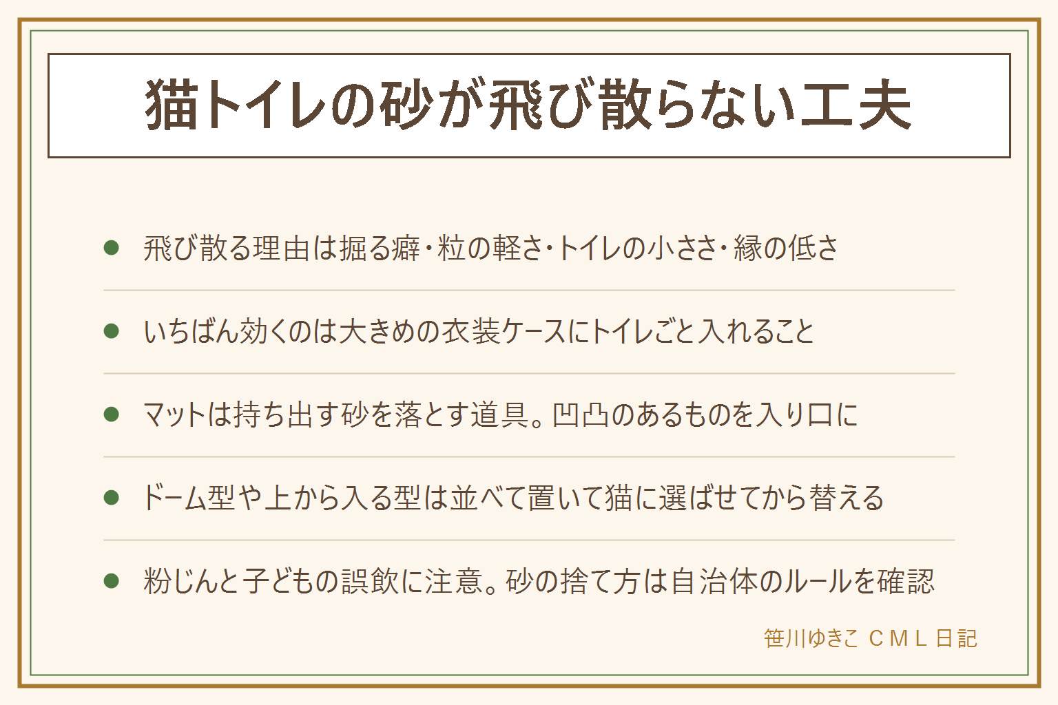 猫トイレの砂が飛び散らない工夫の早見表:飛び散る理由は掘る癖が強い、砂の粒が軽い、トイレが小さい(猫の体長の1.5倍が目安)、縁が低い、砂が少なすぎるの5つ。家でできる対策は大きめの衣装ケースにトイレごと入れる、段ボールでコの字の壁を足す、重めの粒の砂に少しずつ替える、砂は5から7センチの深さにする、壁の角に置く、入り口に凹凸のあるマットを敷く。マットは飛んだ砂ではなく肉球で持ち出す砂を落とす道具。ドーム型と上から入る型は飛び散りに強いが嫌がる猫もいるので、前のトイレと並べて置いて選ばせてから替える。掃除は粘着ローラーと小さいほうきをそばに置く。砂の粉じんを吸わせない、小さな子どもの誤飲と手洗いに注意、猫砂の捨て方は自治体で違い流せる表示でも大量は流さない、急に様子が変わった時や食欲がない繰り返し吐く時は動物病院へ