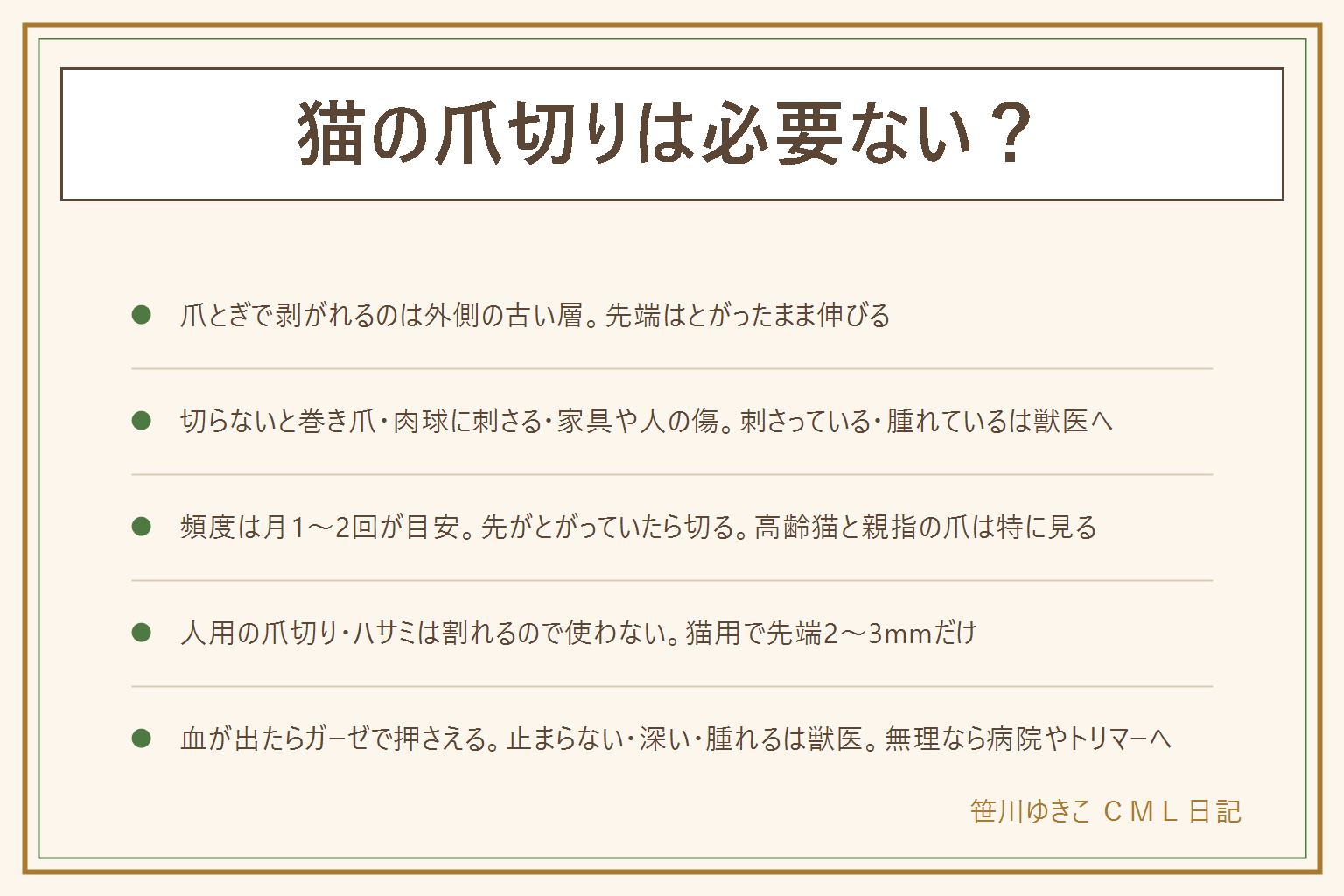 猫の爪切りは必要ないかの早見表:爪とぎで剥がれるのは外側の古い層で、先端はとがったまま伸び続けるので、室内で暮らす猫に爪切りが要らない条件はほぼ無い。切らないと伸びた爪が内側に巻いて肉球に刺さる、家具や網戸に引っかかって爪が剥がれる、人を引っかく、高齢猫は爪が太く厚くなって巻きやすい。肉球に刺さっている、赤い、腫れている、痛がっているように見える時は家で切らず獣医へ。頻度の目安は子猫2週に1度、成猫は月1〜2回、高齢猫は2〜3週に1度、日にちより先がとがっているかで判断し、1日1〜2本ずつでもよい。人用の爪切りやハサミは丸い爪を押しつぶして割れ、根元まで裂けるので使わない。猫用のギロチン型かハサミ型で、明るい所でピンクの部分の手前、先端2〜3mmだけ切る。血が出たら清潔なガーゼで数分押さえ、止血剤は動物用、人用の薬や消毒液は使わない、止まらない・深い・腫れる時は獣医へ。暴れる猫を押さえつけない、無理なら動物病院やトリマーに頼む