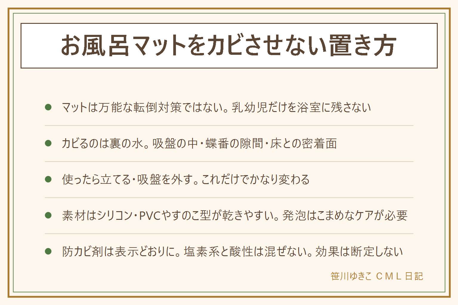 お風呂マットをカビさせない置き方の早見表:先に安全、マットは敷けば転ばないわけではなく乳幼児だけを浴室に残さない。防カビ剤は塩素系と酸性を混ぜず換気・手袋・子どもの手の届かない所で使う。カビるのは吸盤の中・蝶番の隙間・床との密着面に水が残るため。使ったら立てる・吸盤を外す・浴室乾燥機を使うとカビにくい。素材は発泡が乾きにくく、シリコンやPVCは拭けば乾き、すのこ型がいちばん乾きやすい。防カビ剤は表示どおりに使い効果は断定しない。浴槽の底が滑り止め加工なら敷かない選択もある