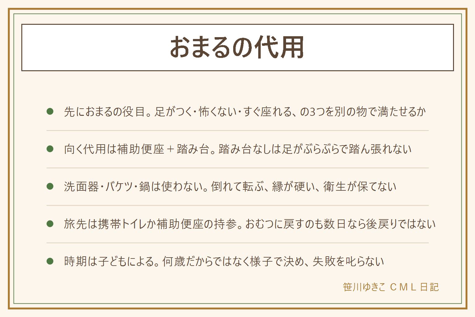 おまるの代用の早見表:おまるの役目は足がつく・怖くない・すぐ座れるの3つで、別の物で満たせるなら買わなくても始められる。向く代用は補助便座と踏み台の組み合わせで、踏み台なしは足がぶらぶらして踏ん張れない。洗面器・バケツ・鍋・小さい椅子に容器をはめる方法は、倒れて中身がこぼれ子どもが転ぶ、縁が硬い、衛生が保てないので使わない。排泄物が付いた物は毎回洗い、掃除や洗濯には戻さない。いらない家はトイレを怖がらず補助便座と踏み台で足がつく家、要る家はトイレを怖がる・トイレが遠い・間に合わない家。旅先や帰省先は子ども用の携帯トイレ、折りたたみの補助便座を持参、数日ならおむつに戻すのも後戻りではない。借りたおまるは使う前に洗う。買うなら倒れにくさ・受け皿の洗いやすさ・取っ手で選ぶ。トイレトレーニングの時期は子どもによるので年齢で決めず様子で判断し、失敗を叱らない