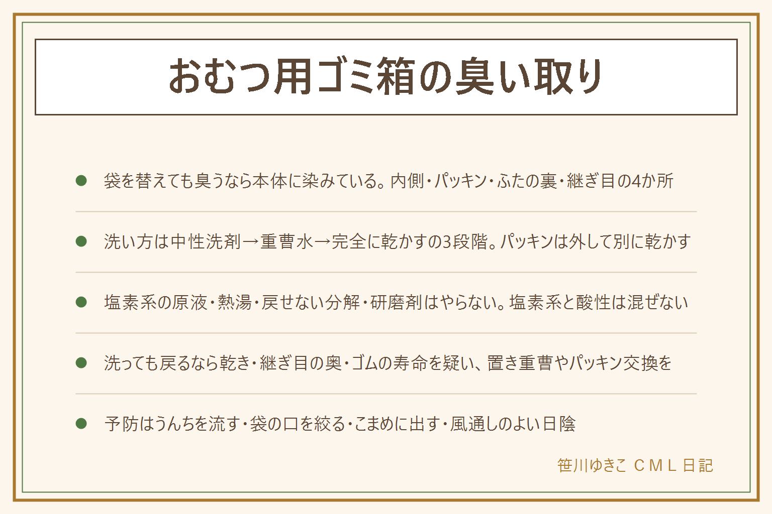 おむつ用ゴミ箱の臭い取り早見表:袋やカートリッジを替えても臭うなら本体に染みている。臭いの元は本体の内側・ふたのパッキン・ふたの裏・袋の継ぎ目の4か所。洗い方は、手袋と換気をしてから中性洗剤とぬるま湯で汚れを落とし、ぬるま湯1リットルに重曹大さじ2〜3の重曹水にパッキンなど小物は30分〜1時間つけ置き、本体は布で拭き、よくすすいで風通しのよい日陰で半日〜1日完全に乾かす。やってはいけないのは塩素系漂白剤の原液、塩素系とクエン酸やお酢を混ぜる・続けて使う、熱湯、研磨剤、戻せない分解、生乾きで使う。洗っても戻るなら乾き・継ぎ目の奥・ゴムの寿命を疑い、置き重曹やパッキン交換。予防はうんちをトイレに流す、袋の口を絞る、こまめに出す、風通しのよい日陰に置く、月1回拭く
