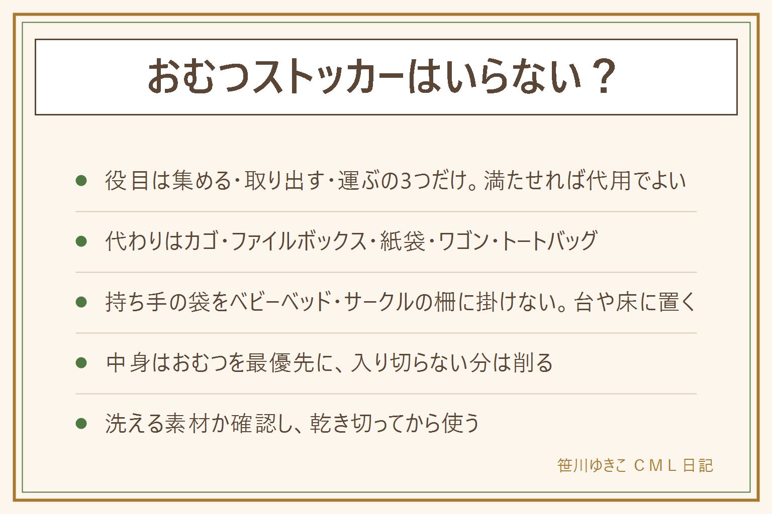 おむつストッカーはいらない?早見表:役目は集める・取り出す・運ぶの3つだけ。代わりになる物はカゴ・ファイルボックス・紙袋・ワゴンの一段・トートバッグ。持ち手のある袋をベビーベッドやベビーサークルの柵に掛けない、台や床に置く。中身はおむつを最優先に、お尻拭き・ビニール袋・着替え・体温計の順で入り切らない分は削る。洗えるかは布・ポリエステルは洗える、不織布は基本洗えないので見分ける。洗った物は乾き切ってから使う。買う前に今ある入れ物で1週間試すと失敗が少ない。