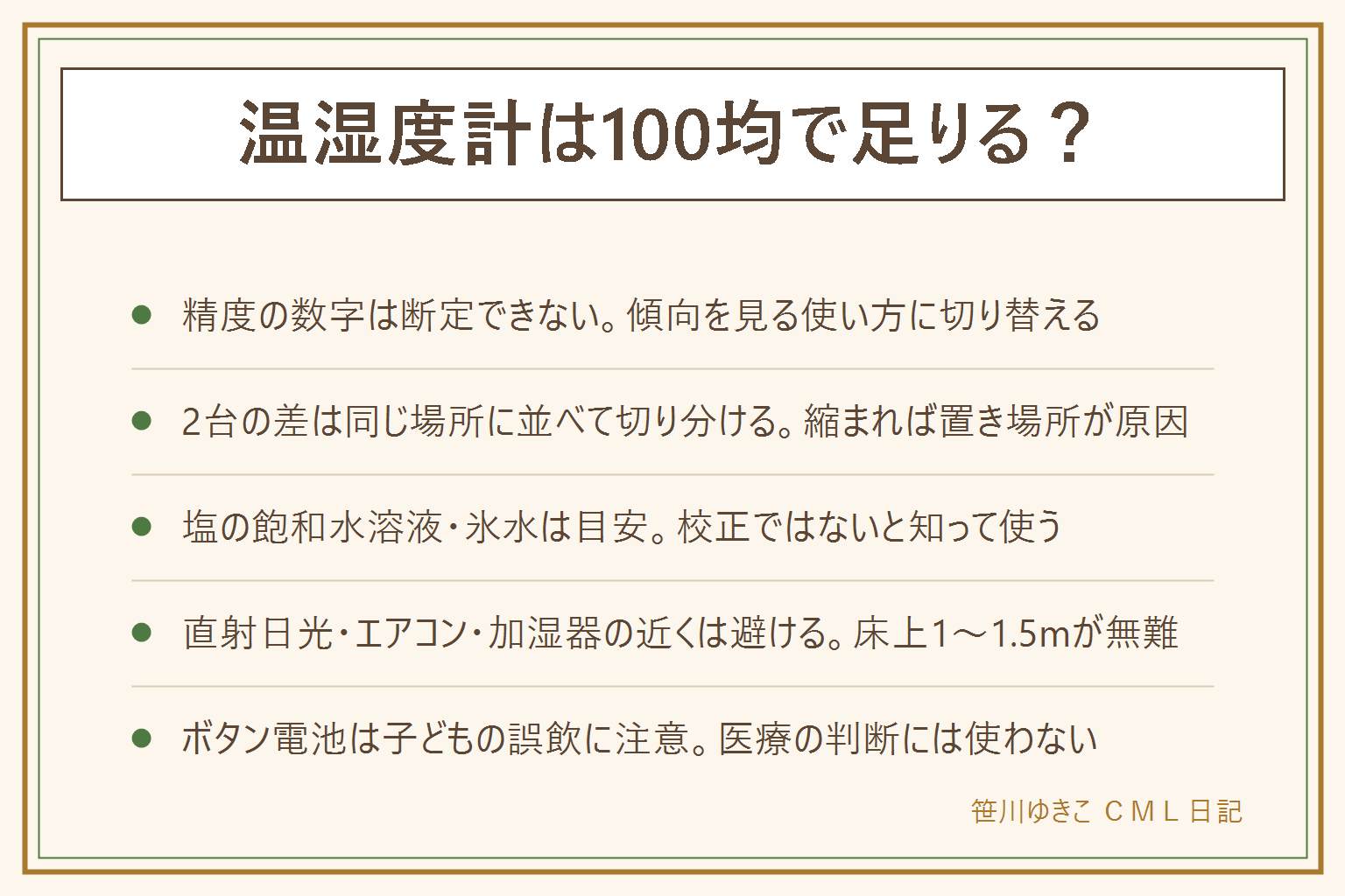温湿度計100均の精度の早見表:精度の数字は断定せず傾向を見る使い方にする。2台で値が違う時は同じ場所に1時間並べて、差が縮めば置き場所が原因、縮まなければ個体差。家で確かめる目安は塩の飽和水溶液を密閉して数時間置きおよそ75%、氷水にセンサーを数分浸し0度付近を見る、いずれも校正ではなく目安。置き場所は床から1〜1.5mの高さ部屋の中央寄りが良く、直射日光の窓際・エアコンの吹き出し口・加湿器や除湿機のそば・換気口やドアの近くは避ける。表示が薄い・反応が遅い・針が固着は電池切れやセンサー劣化のサイン、ボタン電池は子どもの誤飲に注意し手の届かない所で保管・交換する。用途が部屋の目安なら100均で十分、カビや結露の管理なら精度重視や複数台を検討。体調や熱中症の判断には使わず専門家に相談する