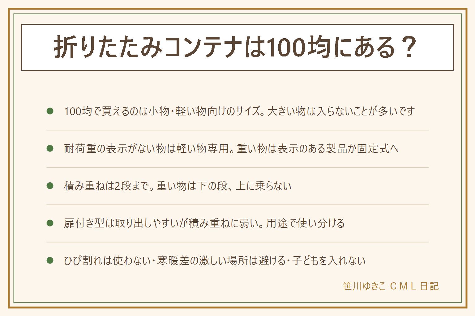 折りたたみコンテナ100均の早見表:100均で買えるのは小物や軽い物向けのサイズ帯が中心で大型は入らないことが多い。耐荷重の表示がない物は軽い物専用と考える。積み重ねは2段までを目安にし、重い物は下の段、軽い物は上の段、上に乗ったり踏み台にしたりしない。扉付き型は上からアクセスしにくい場所で取り出しやすいが積み重ねには不向き。かさばる物や重い物にはホームセンターの大型を使い分ける。ひび割れた物は縁で手を切るので使わない、寒い場所や直射日光、冷凍するような環境は割れやすくなるので避ける、子どもを中に入れない。