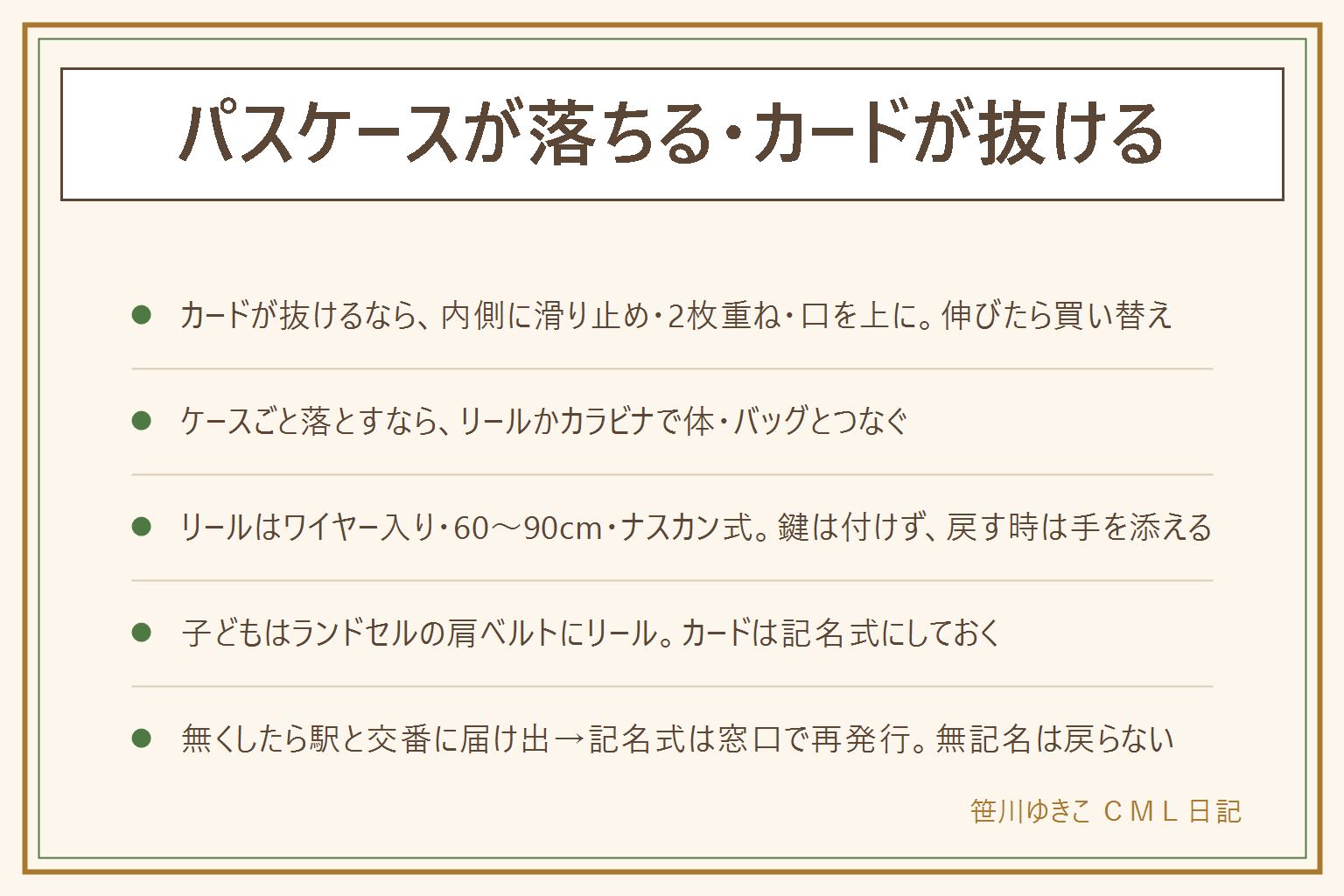 パスケースが落ちない工夫の早見表:カードが抜け落ちるなら、ポケットの内側に薄い滑り止めを貼る、ICのないカードを1枚重ねて厚みを出す、吊るした時に口が上を向くようにする、ヘアゴムで口を押さえる、伸びきったら買い替え。ケースごと落とすなら、リール付きストラップやカラビナで体・バッグとつなぐ、定位置を1か所に決める。スマホ背面ポケットは交通系IC1枚だけ。リールはワイヤー入り・60〜90cm・耐荷重表示あり・ナスカン式を選び、鍵は付けず戻す時は手を添える。子どもはランドセルの肩ベルトにリール、カードは記名式に。無くしたら駅と交番に届け出、記名式は窓口で再発行、クレジットカード類は即停止