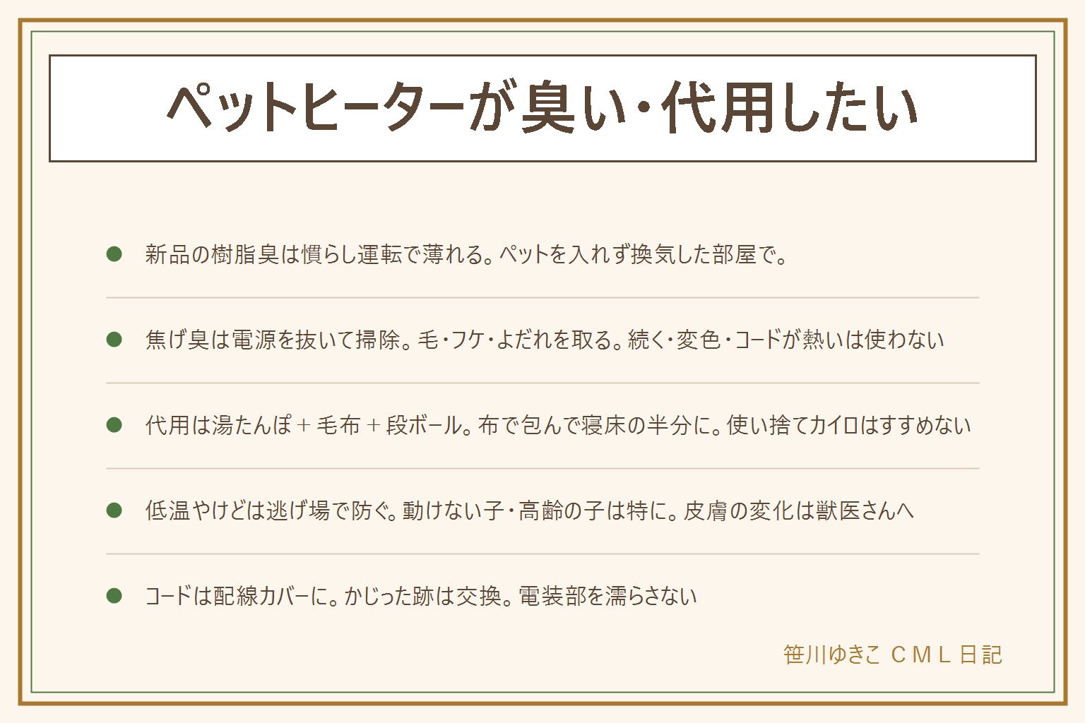 ペットヒーターが臭い時と代用の早見表:匂いは新品の樹脂・毛やフケの焼け・続く焦げ臭の3つに分ける。新品の匂いはペットを入れずに換気した部屋で慣らし運転、拭くなら電源を抜いて固く絞った布で表面だけ、電装部は濡らさない。焦げ臭は電源を抜いて冷まし、毛・フケ・よだれを掃除機や粘着テープで取り、それでも続く・変色や溶けた跡・コードが熱い時は使わずメーカーへ相談し、中を開けない。代用は湯たんぽを厚い布で包んで寝床の半分に置く、洗える毛布を重ねる、段ボールハウスで隙間風を切る。使い捨てカイロは誤飲と低温やけどの心配ですすめない、人用のあんかやホットカーペットも基本は使わない。低温やけどは動けない子・高齢の子ほど注意し、逃げ場を残して温度は低めから、タイマーで区切り、皮膚の赤みや脱毛は獣医へ。コードは配線カバーに入れて壁沿いに、かじった跡や被覆の破れは交換、尿がかかったら乾くまで使わない