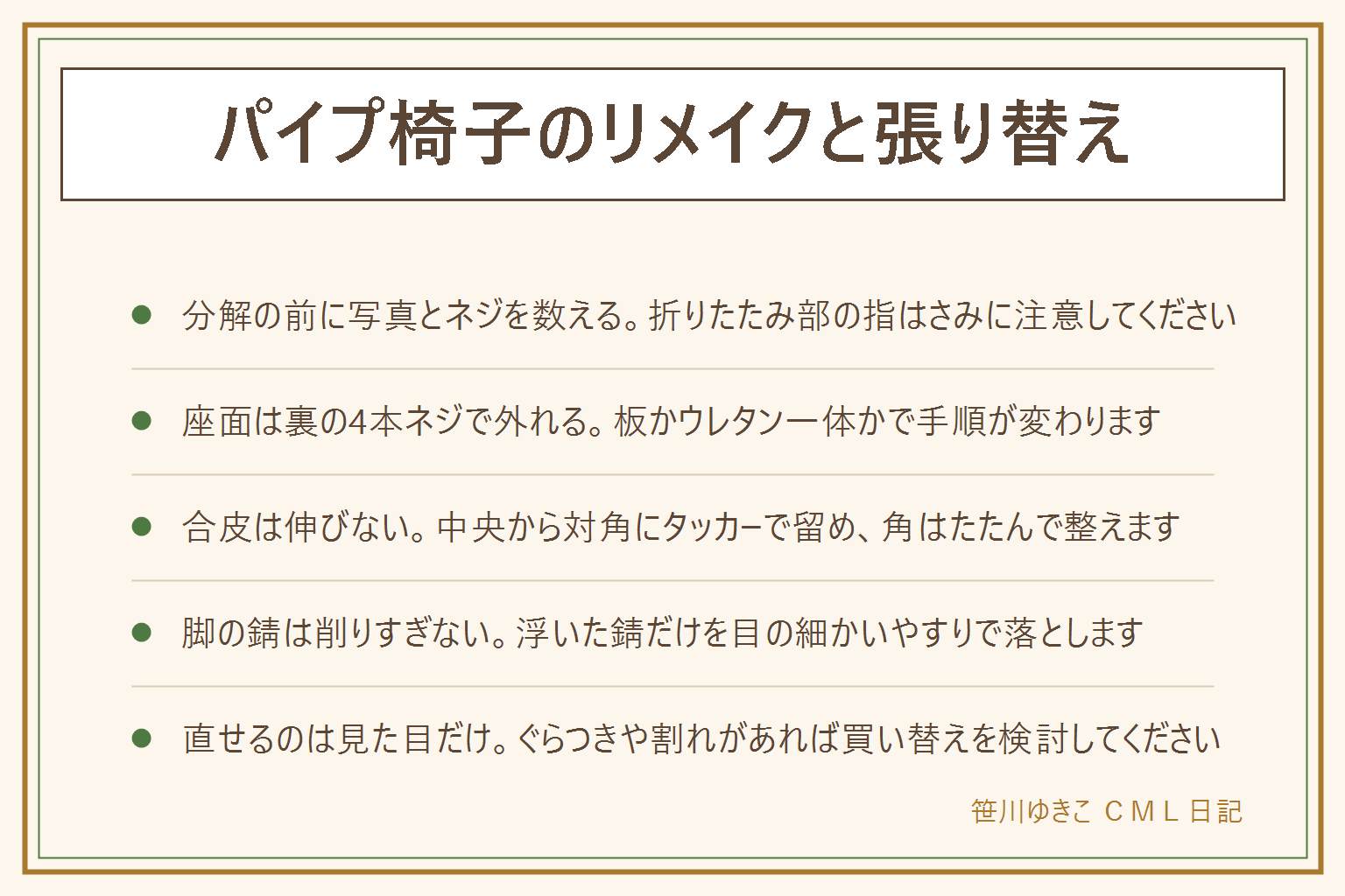 パイプ椅子のリメイクと張り替えの早見表:先に安全、分解の前に写真とネジを数える、折りたたみ部の指はさみに注意、タッカーの針は跳ねるので手袋と保護メガネ、脚が曲がった椅子は張り替えても座らない。座面は裏の4本ネジで外れ、板タイプかウレタン一体タイプかで手順が変わる。張り替えは生地を切る・中央から対角にタッカーで仮留め・角をたたんで整える、100均の布は薄いので2枚重ねが安心。背もたれの合皮は外せない型はカバーで代用、脚の錆は削りすぎず浮いた錆だけを落とす。リメイクで直せるのは座面や背もたれの色や柄まで、座面の板の割れ・脚のぐらつき・ロックの甘さ・フレームの曲がりは直らないので買い替えを検討する