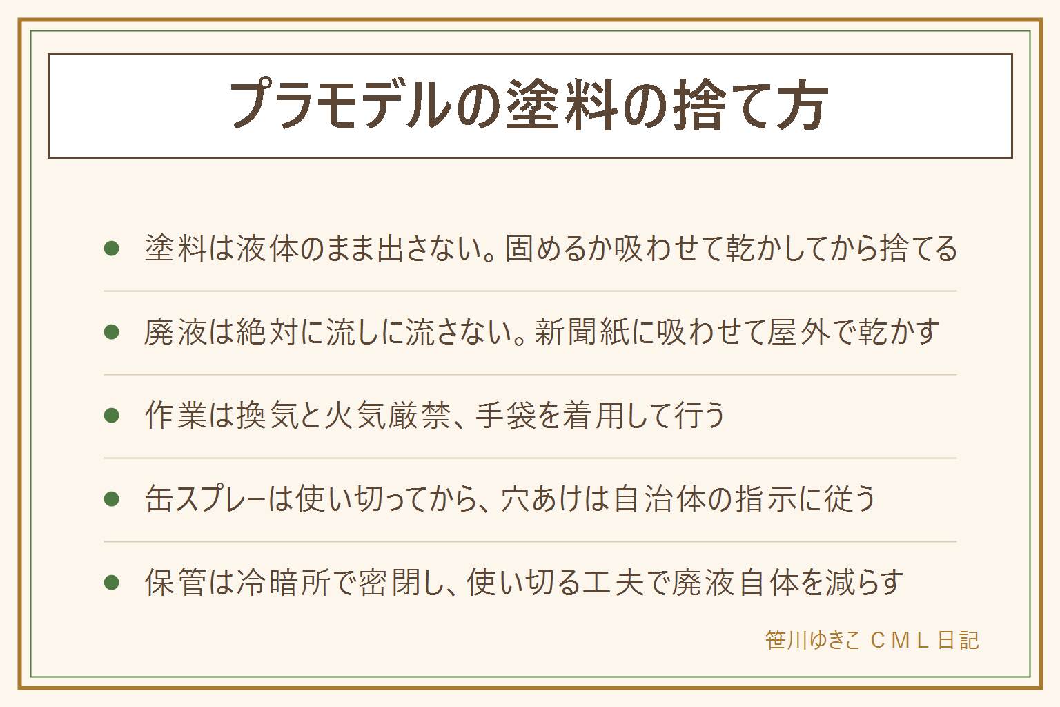 プラモデルの塗料の捨て方の早見表:残った塗料は液体のまま出さず新聞紙に吸わせて乾かすか固化剤で固めてから可燃ごみへ、固まった塗料は瓶ごと不燃ごみか自治体の区分。薄め液や洗浄液の廃液は絶対に排水に流さず新聞紙に少量ずつ吸わせ屋外か換気のよい場所で完全に乾かしてから捨てる、作業中は換気と火気厳禁、手袋を着用し子どもとペットの手の届かない場所に置く。瓶は中身を出し切ってから分別、缶スプレーは中身を使い切ってから自治体の指示に従って穴あけの有無を確認する。使いかけは冷暗所で密閉保管して廃液を減らす
