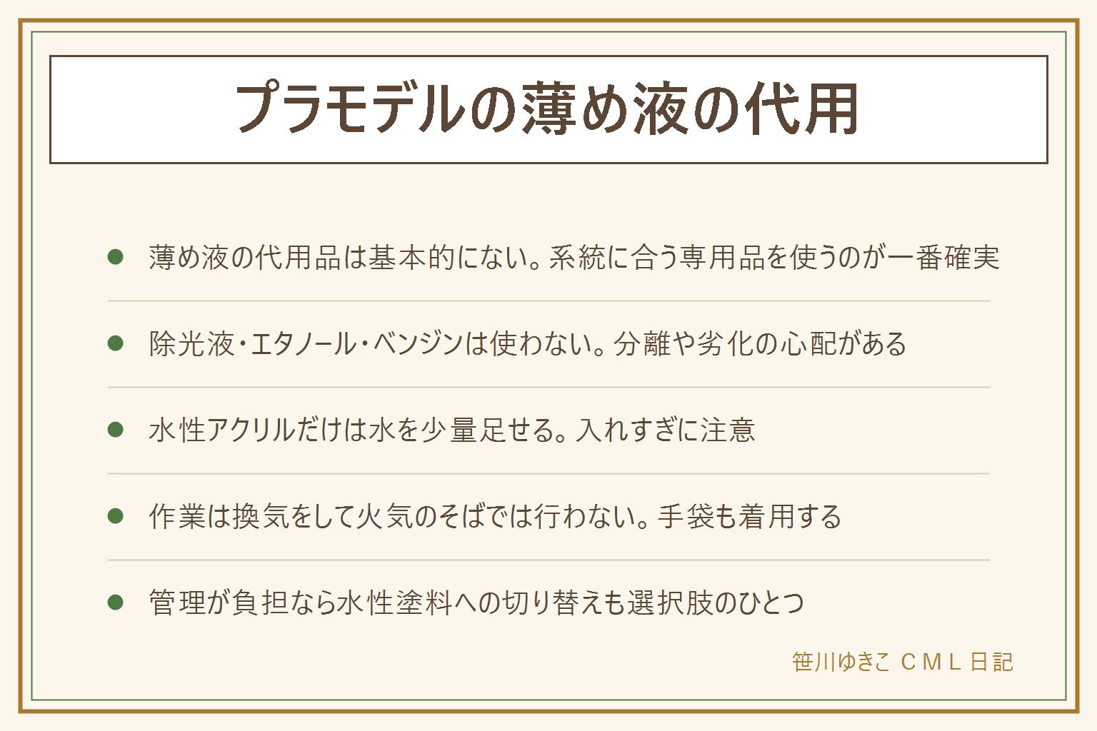 プラモデルの薄め液の代用の早見表:薄め液の代用品は基本的になく系統に合う専用品を使うのが一番確実、ラッカー系とエナメル系は専用品が基本で水性アクリルだけ水を少量足せる。除光液やエタノールやベンジンは塗料の分離やプラスチックの白化や劣化の心配があるため代用しない、作業は換気をして火気のそばでは行わず手袋を着用する。薄め液を切らさないよう少し余裕を持って買い直射日光を避けて保管し、管理の負担を減らしたい人は水で薄められる水性塗料に切り替えるのも選択肢