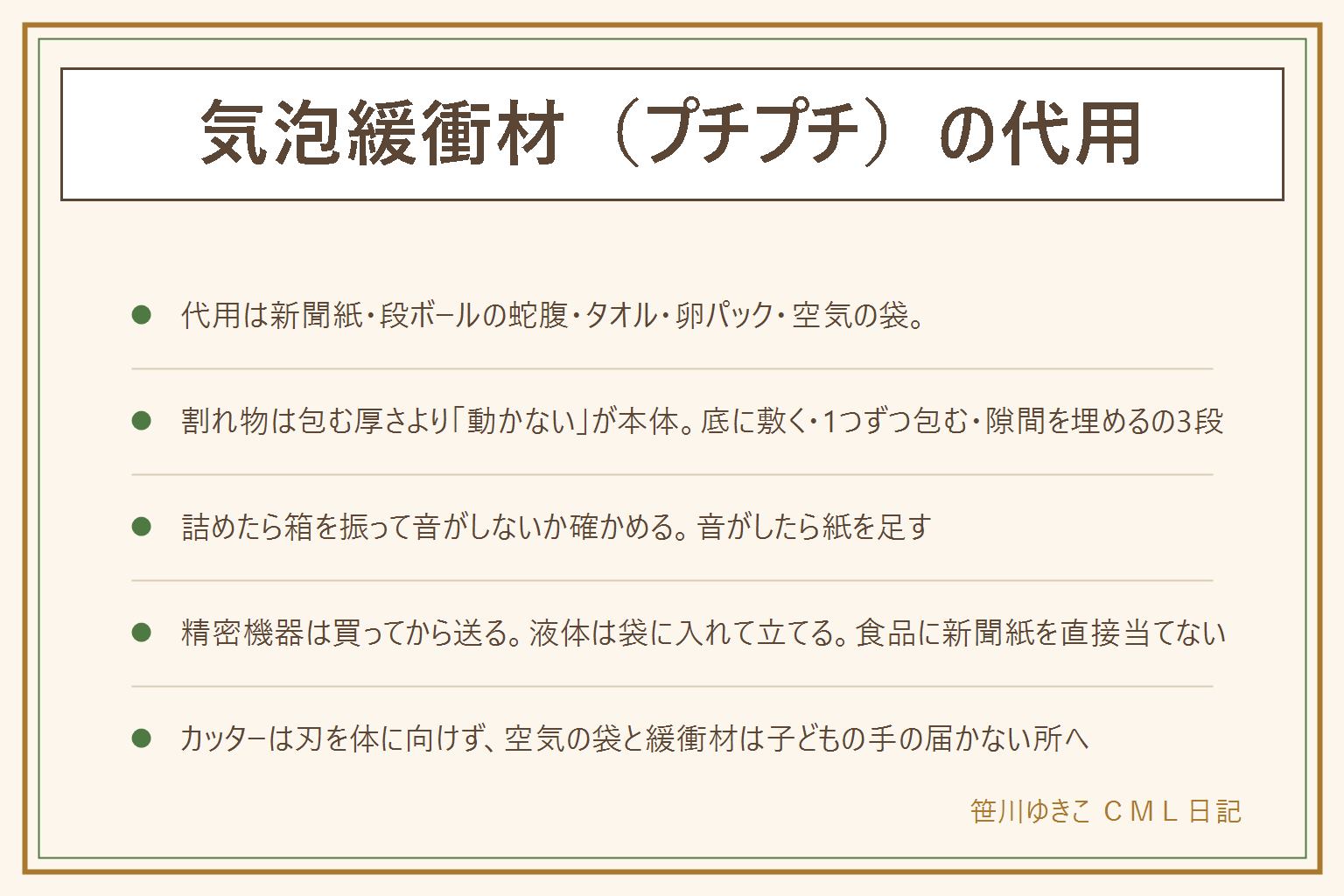 気泡緩衝材(プチプチ)の代用の早見表:代わりになる物は、新聞紙やチラシを丸めて隙間埋めと包みに、段ボールを幅5cmの帯に切って蛇腹に折り仕切りに、タオルや衣類で包む、卵パックや果物のトレーで小物を仕切る、小さいポリ袋に空気を入れて口をしばり隙間に、紙袋や包装紙はくしゃくしゃにして包む。割れ物は包む厚さより箱の中で動かないことが本体で、底に3cm敷く、1つずつ包んでお皿は立てて重い物を下に、上下左右の隙間を埋めて上にも1層、箱を振って音がしなければ合格。代用が向かない物は精密機器、液体はキャップを固定し袋に入れて立てる、食品は新聞紙を直接当てず袋に入れてから包む。段ボールが足りない時は小箱を大箱に入れて二重にする、箱の高さを詰める。カッターは刃を体に向けず子どもの手の届かない所で、空気の袋は子どもがかぶらないようすぐ箱へ。買うなら粒の大きさ・ロールか袋か・幅と置き場所を見る