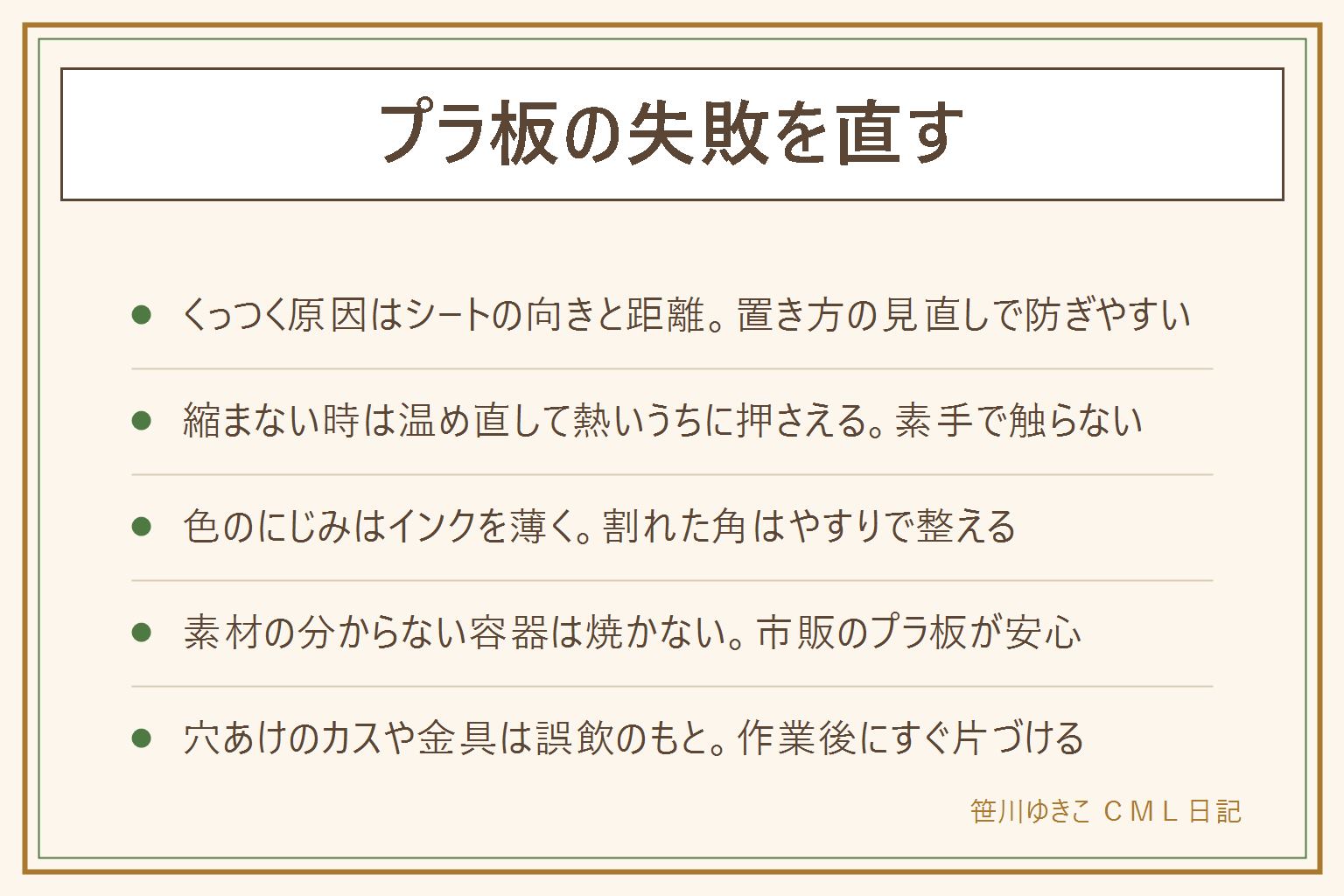 プラ板の失敗の早見表:くっつく原因はシートの向きが逆・ヒーターに近すぎる・絵の面を下にした、で防ぎ方はざらざらした面を下に、網の位置を下げる、絵の面を上にして焼く。ヒーターにシートを直接触れさせない。縮まない・丸まったままは、パッケージの範囲でもう一度温め、素手で触らず厚手の本や板で挟んで少しずつ押さえ、平らな所で冷ます。色のにじみはインクを薄く重ねる、割れそうな角は丸くしておき、欠けた角は紙やすりで整える、刃物は体に向けない。手元にない時は素材の分からない容器を焼かず市販のプラ板を使う。穴あけのカスや留め具は小さな子どもの誤飲のもとになるので作業後すぐに集めて届かない所に保管する