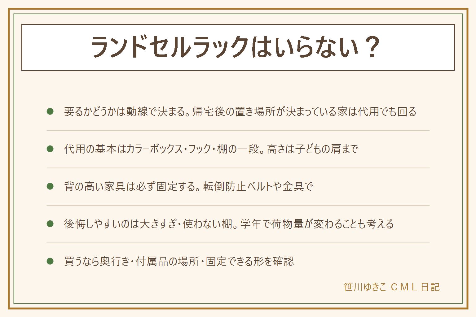 ランドセルラックはいらないか迷った時の早見表。要るかどうかは帰宅してからの動線と置き場所が決まっているかで判断する。代用品はカラーボックス、S字フックと突っ張り棒、椅子の背もたれ、棚の一段を空ける方法があり、高さは子どもの肩までを目安にする。代用する時は背の高い家具を必ず固定し、上に重い物を乗せない、フックや突っ張り棒の緩みを確認し、角にはコーナーガードを検討する。買って後悔しやすいのはサイズが大きすぎた、結局使わない棚がある、学年が上がって荷物が変わる、組み立てが大変だったという型。買うなら奥行き、上履き袋や体操着袋の場所、固定できる形の3点を確認する