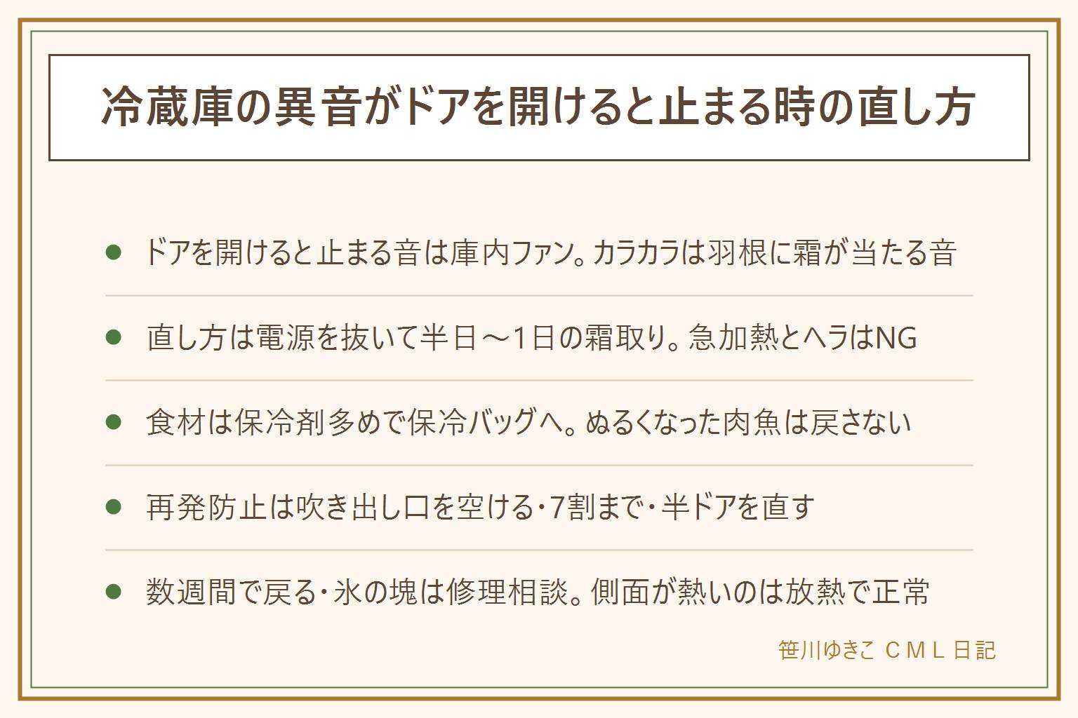 冷蔵庫の異音がドアを開けると止まる時の早見表:開けると止まる音は庫内の冷気を回すファンで、カラカラ・カリカリは羽根に霜が当たる音、ブーンが大きいのは霜で風の通り道が狭くなった音、開けても鳴る低い音は圧縮機で多くは正常。直し方は、中身を保冷バッグへ保冷剤多めで移し、電源プラグを抜き、ドアを全開にしてタオルを敷き、半日から1日おいて自然に溶かす。ドライヤーやお湯での急加熱、ヘラで氷をはがす、分解はしない。再発防止は吹き出し口の前を空ける、冷凍室は7割まで、半ドアとパッキンの見直し、熱いものは冷ましてから。数週間で戻る、氷の塊ができる、冷えが悪いなら修理相談で、型番・音の種類・鳴る時間・霜取りをしたかを伝える。結露は湿気が冷たい面につくもの、側面が熱いのは放熱で正常なので壁から離す、水漏れは排水口の詰まりと霜。食材の安全は、半日以上は保冷剤を多めに、ぬるくなった肉や魚は戻さない、ドライアイスは密閉しない