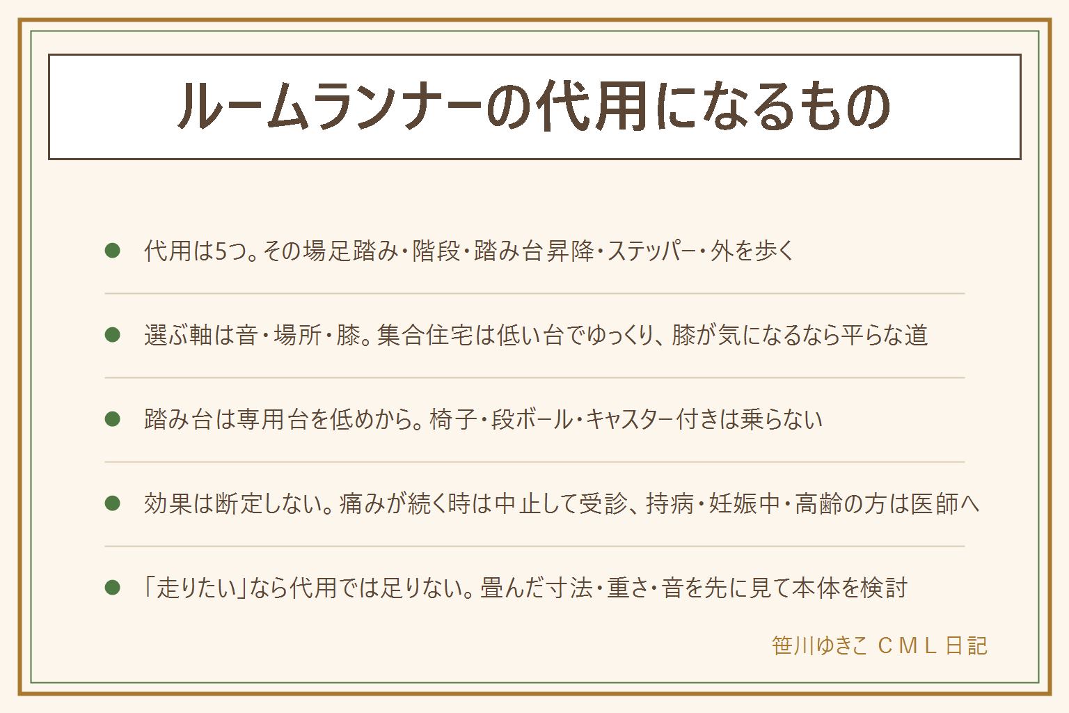ルームランナーの代用の早見表:代用はその場足踏み(道具なし・音小・畳半分)、階段の上り下り(下りは膝に負担・共用階段は使わない)、踏み台昇降(専用台・高さで負荷を変えられる)、ステッパー(油圧の音に注意)、外を歩く(道具ゼロで飽きにくいが天気に左右)の5つ。選ぶ軸は音・場所・膝で、集合住宅は足踏みか低い台でゆっくり、置き場がないなら足踏みか外歩き、膝が気になるなら平らな道か低い台。踏み台昇降は耐荷重が体重を十分上回る専用台で裏に滑り止め、高さ10〜15cmの低めから、硬い床で壁から離し、靴を履き、足の裏全体を乗せる、椅子・段ボール・雑誌・収納箱・キャスター付き・カーペットや濡れた床は避ける。効果は断定せず、膝や腰の痛みが続く・腫れる・しびれる時は中止して医療機関へ、持病・妊娠中・高齢の方は医師へ。走る動きが目的・数字で管理したい・外に出られないなら本体を検討