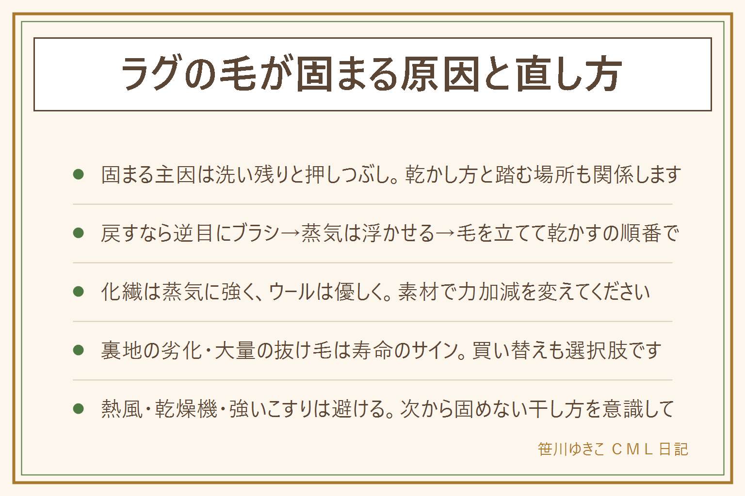 ラグの毛が固まる原因と直し方の早見表:原因は洗剤や柔軟剤のすすぎ残り、脱水や乾燥での押しつぶし、乾かし方。戻す手順は毛並みの逆に軽くブラシをかけ、スチームは生地に触れさせず浮かせて当て、毛を立てながら乾かす。化繊は蒸気にもブラシにも強く、ウールはこすらず優しく、シャギーは指でほぐす。熱風のドライヤーや乾燥機、強いこすりは毛や裏の滑り止めゴムを傷めるので避ける。裏地がパリパリして破れやすい、毛がごっそり抜ける、部分的に薄いといったサインが重なる時は寿命が近く買い替えを検討する。次から固めないために洗った後は毛を立てて広げて干し、同じ場所に重みがかかり続けないようにする