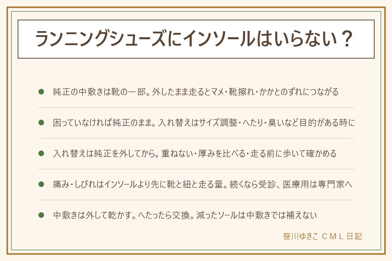 ランニングシューズのインソールはいらないかの早見表:純正の中敷きは靴の設計の一部で、外したまま走ると底の段差が当たってマメや靴擦れが出やすく、かかとが浅くなって足が前後に動く。困っていなければ純正のままで十分、入れ替えを考えるのは靴がわずかに大きい、純正がへたった、汗で臭いが戻る時。薄い厚いの好みは、ずれない・かかとが座ることが先。入れ替える時は純正を外して重ねず、純正と重ねて長さと厚みを比べ、つま先は線で切り、履いて歩いて甲とかかとを確かめ、紐を締め直す。痛みやしびれはインソールより先に靴のサイズ、紐の締め方、走る量を見直し、数日続く・腫れる時は受診、医療用インソールは医師や義肢装具士など専門家へ、市販品の効果は断定できない。中敷きは走った日に外して乾かし、かかとが潰れたら交換、減ったソールは中敷きでは補えない