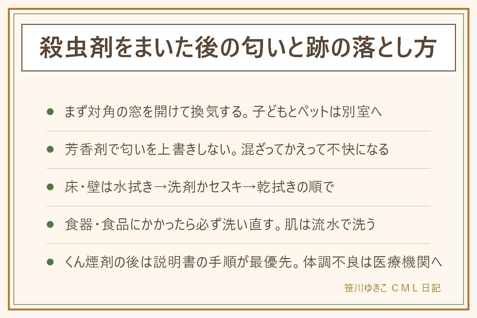 殺虫剤をまいた後の匂いと落とし方の早見表:まず対角の窓を開けて換気し子どもとペットは別室へ。芳香剤で匂いを上書きしない。床や壁は水拭きしてから中性洗剤かセスキで拭き乾拭きで仕上げる。食器や調理台にかかったら必ず洗い直し肌についたら流水で洗う。くん煙剤を使った後は製品の説明書の手順が最優先で換気時間や拭き掃除の範囲を確認する。頭痛や吐き気が続く時は無理をせず医療機関に相談する