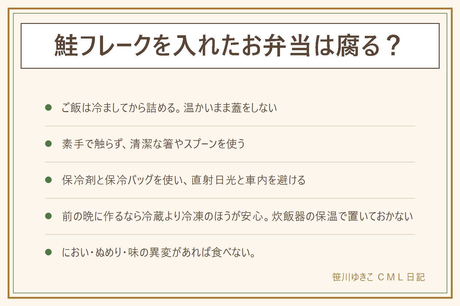 鮭フレークのお弁当が腐るか心配な時の早見表:賞味期限と消費期限の違い、未開封で表示どおりの保存が前提。詰める時はご飯を冷ましてから、素手で触らず清潔な箸やスプーンで詰める。持ち歩く時は保冷剤と保冷バッグを使い直射日光と車内を避ける。前の晩に作るなら冷蔵より冷凍して朝に自然解凍するほうが安心、炊飯器の保温で置いておかない。食べる前ににおい・ぬめり・味の異変があれば食べない。乳幼児・高齢者・妊娠中・体調の悪い人には特に気をつける