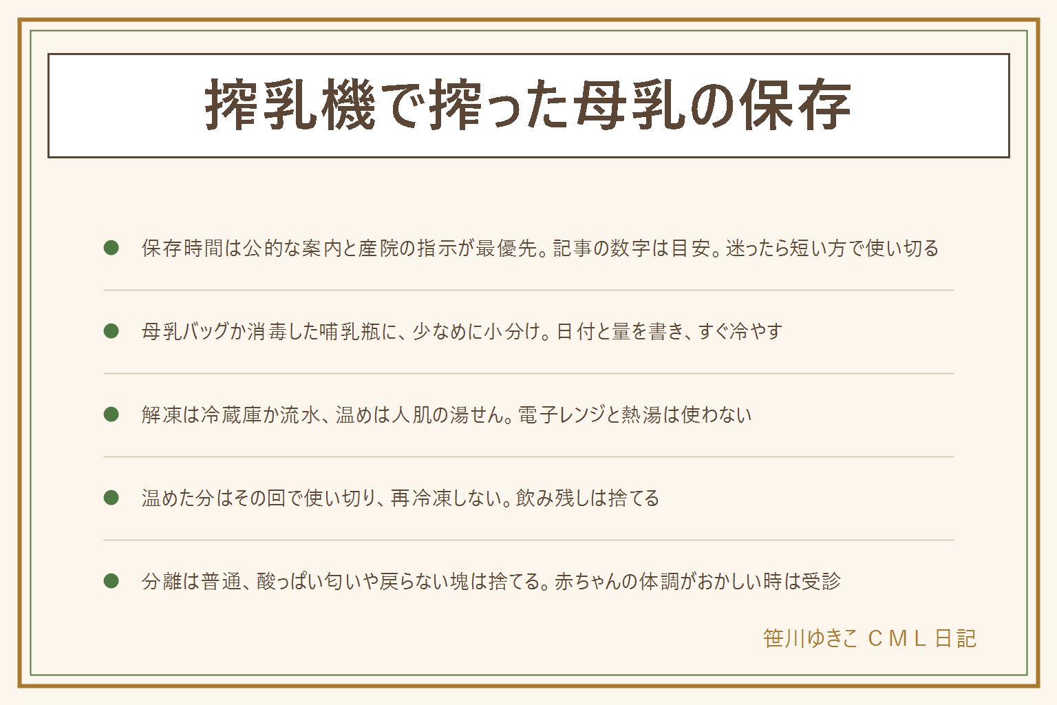 搾乳機で搾った母乳の保存の早見表:保存時間は産院や公的な案内を最優先にし、記事の数字は一般的な目安で迷ったら短い方で使い切る。室温は数時間以内ですぐ冷やす、冷蔵は奥の棚で早めに、冷凍は数か月で日付を書く。容器は母乳バッグか消毒した哺乳瓶で、少なめに小分けし日付と量を書き、袋は満杯にせず平らに凍らせる。解凍は冷蔵庫か流水、温めは人肌の湯せんで、電子レンジと熱湯はムラとやけどのため使わない。温めた分はその回で使い切り、再冷凍しない。外出時は保冷バッグと保冷剤で運び着いたらすぐ冷蔵庫へ。脂肪の分離は普通、酸っぱい匂いや戻らない塊は捨て、赤ちゃんの体調がおかしい時は受診