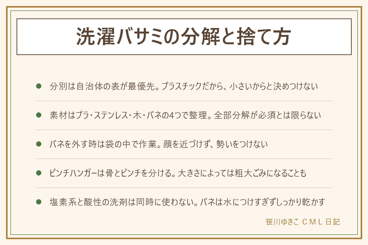 洗濯バサミの分解と捨て方の早見表:分別はプラスチックだから小さいからと決めつけず自治体の表が最優先。素材はプラスチックの本体、ステンレスやスチールのバネ、木製のピンチ、アルミやスチールのピンチハンガーの骨組みに分けて考え、分解が必須かは自治体次第。バネを外す時は大きめの袋の中で作業し顔を近づけず勢いをつけない、割れた破片は素手で触らず厚手の手袋で拾う。ピンチハンガーはサイズを見て粗大ごみかを確認し骨組みとピンチを分けて出す。洗い方は酸素系漂白剤でつけ置きし歯ブラシで溝をこすり完全に乾かす、塩素系と酸性の洗剤は同時に使わない、バネは水につけすぎずよく拭き取る。壊れた部分だけピンチを買い足す手もあり、錆びにくいステンレスのバネを選ぶと長持ちする