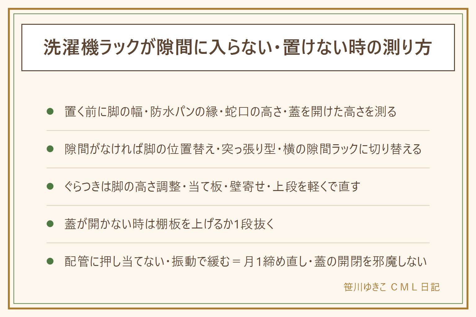 洗濯機ラックが隙間に入らない・ぐらつく・蓋が開かない時の早見表。置く前に脚の幅、防水パンの縁、蛇口と給水ホースの高さ、蓋を開けた高さの4か所を測る。隙間がない時は脚を防水パンの外にずらす、突っ張り型に変える、横の隙間ラックにする。ぐらつく時は脚の高さ調整、当て板で水平を出す、壁に寄せる、上段を軽くする。蓋が開かない時は棚板の高さを上げるか1段抜く。そもそも置けない家は壁に棚、洗面台下収納、洗濯かごを浮かせるで代える。安全は配管に押し当てない、突っ張り棒は縮めた状態が強い、振動で緩むので月1で締め直し重い物を上段に載せず蓋の開閉を邪魔しない、洗濯機の上に乗らずホースを踏まない、防水パンと壁の隙間に指を入れない