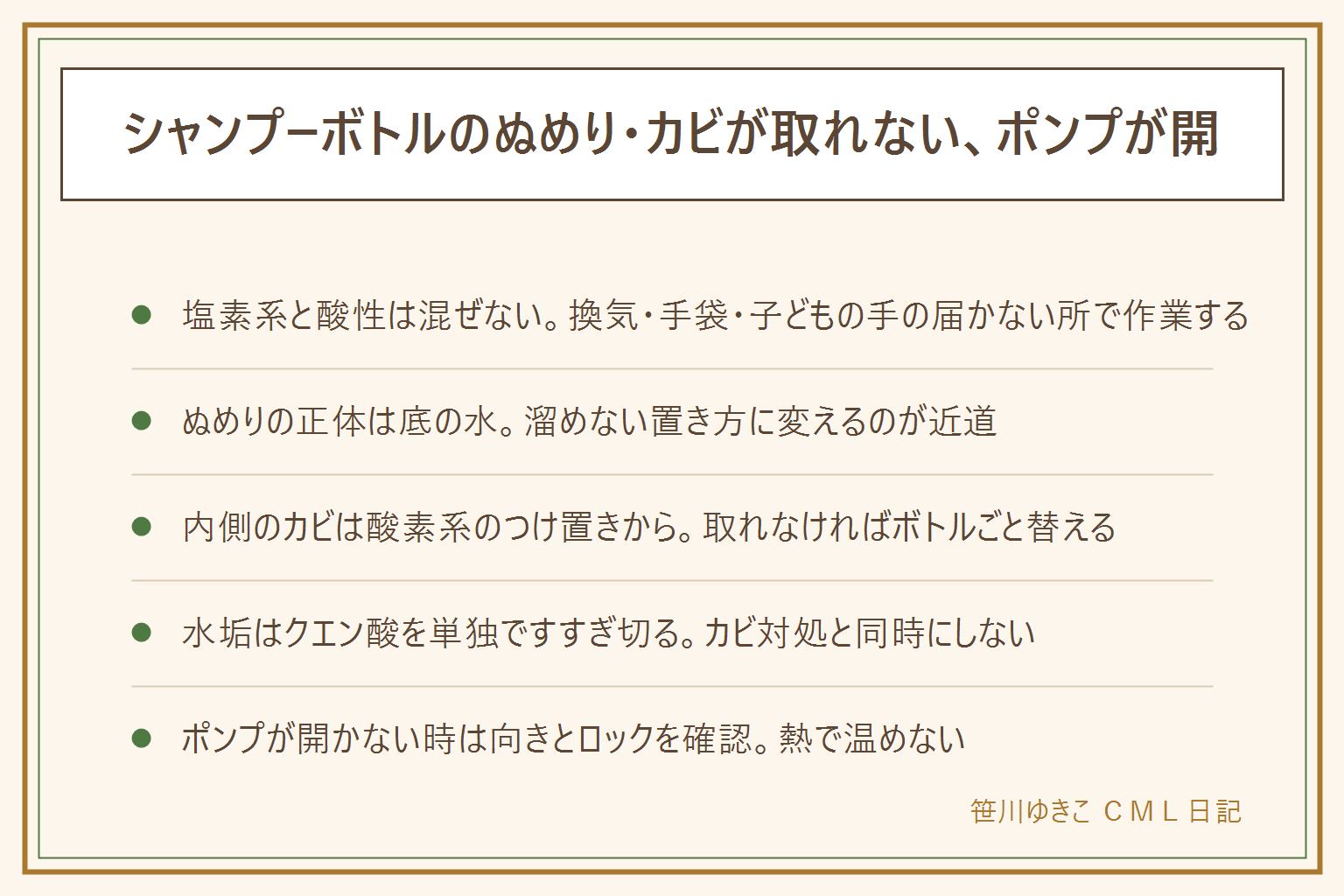 シャンプーボトルのぬめり・カビが取れない時の早見表:先に安全、塩素系と酸性を混ぜない、換気・手袋、熱湯は使わない。ぬめりの正体は底に溜まった水なので毎日流すか浮かせる置き方に変える。内側の黒い点は酸素系の洗浄剤を40から50度でつけ置きしてブラシでこすり、取れなければボトルごと替える。白いざらつきの水垢はクエン酸を単独で使いすすぎ切る。ポンプが開かない時は回す向きとロックを確認し熱で温めない。今夜だけの代用は詰め替え袋のまま使うのが現実的