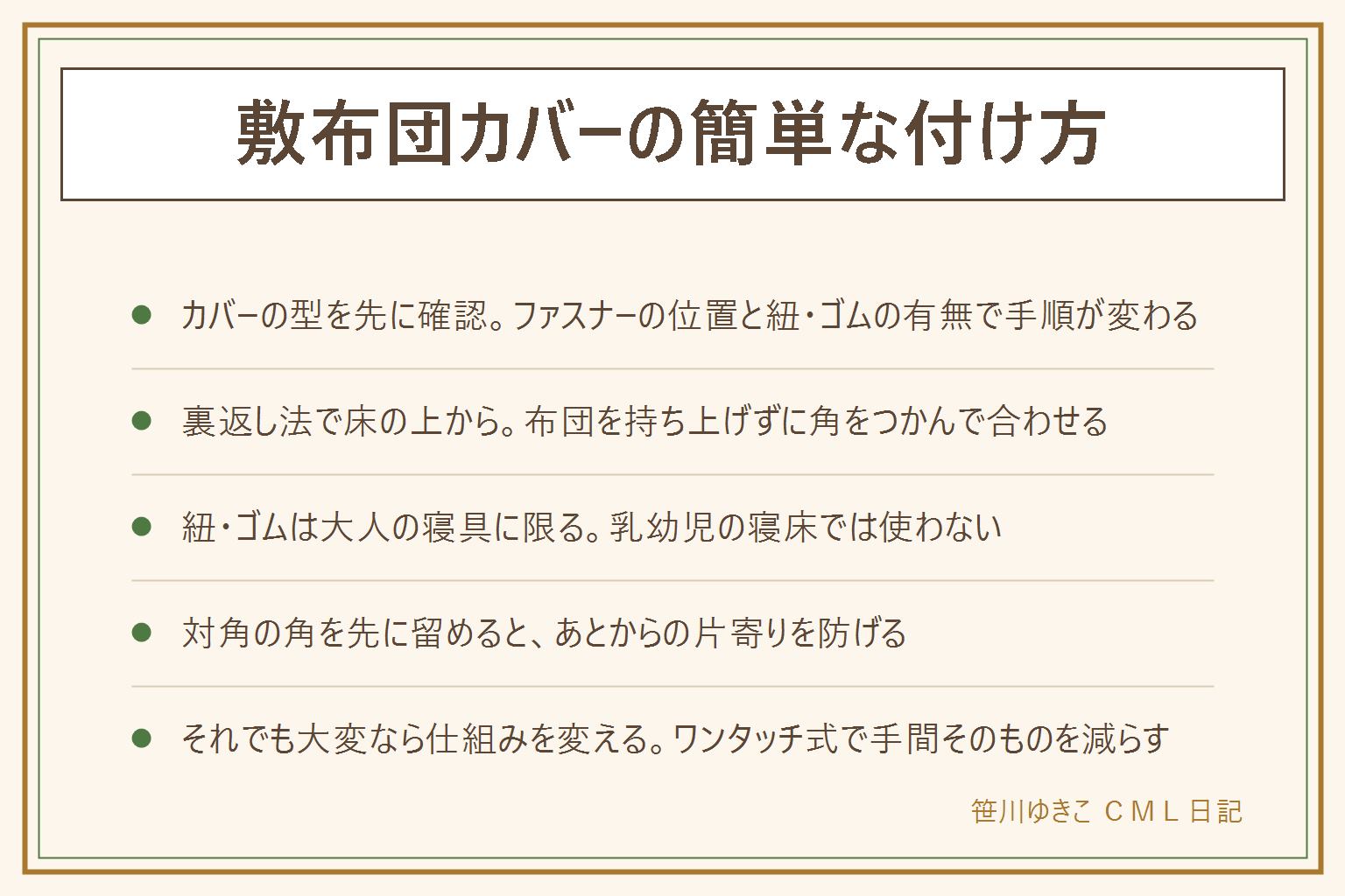 敷布団カバーの簡単な付け方の早見表:カバーの型を全開ファスナー・L字ファスナー・紐・四隅ゴムで見分ける、一人で入れる時はカバーを裏返して床に広げ布団を持ち上げずに角をつかむ裏返し法を使う、重い布団は床の上で作業すると力を使わずに済む、紐やゴムは対角から結んで指1本分の余裕を持たせ大人の寝具に限って使い乳幼児の寝床には使わない、ずれを防ぐには端からでなく対角の角を先に留めてから残りを整える、それでもめんどくさい時は敷き側のカバーをなくすのではなく付け外しが楽なワンタッチ式に変える