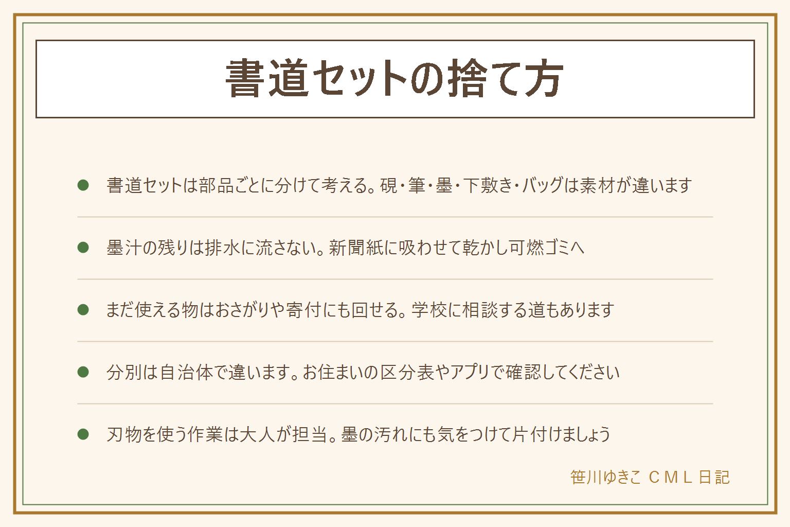 書道セットの捨て方の早見表:部品ごとに分けて考える、硯は石なら不燃・プラなら別区分、筆は可燃が多いが軸の素材で違う、墨は可燃、下敷きはプラ製区分、バッグは布・合皮ごみ。墨汁の残りは排水に流さず新聞紙に少しずつかけて吸わせ、しっかり乾かしてから可燃ゴミへ出す。まだ使える筆やパレット、道具袋はきょうだいや親戚のおさがり、学校への相談、地域の寄付という行き先もある。分別は自治体でかなり違うので、お住まいのごみ分別表やアプリで書道・習字道具の区分を確認する。バッグの金具を切り離す作業は大人が担当し、墨の汚れに備えて汚れてもいい服と新聞紙を用意する
