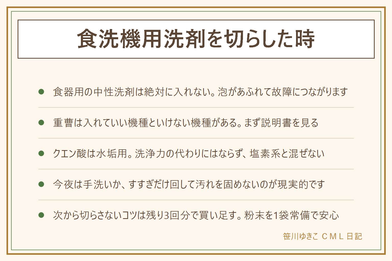 食洗機用洗剤を切らした時の早見表:絶対に入れないのは食器用の中性洗剤で、泡があふれて床が水浸しになり、故障や保証の対象外につながる。石けんや洗濯用洗剤も入れない。重曹は入れていい機種といけない機種があるので、まず説明書を見る。使える機種でも少なめの量で油の少ない食器に限り、溶け残りとアルミの黒ずみに注意する。クエン酸は水垢用で洗浄力の代わりにはならず、塩素系と混ぜない。今日をしのぐ逃げ道は4つで、今夜は手洗いする、食器を並べて洗剤なしですすぎだけ回して汚れを固まらせない、粉末が残っていれば少量で食器を減らして回す、近くの店で小袋を買う。粉末は量を加減できて安く、ジェルは溶け残りにくく、タブレットは計量がいらない。次から切らさないコツは残り3回分になったら買い足すこと