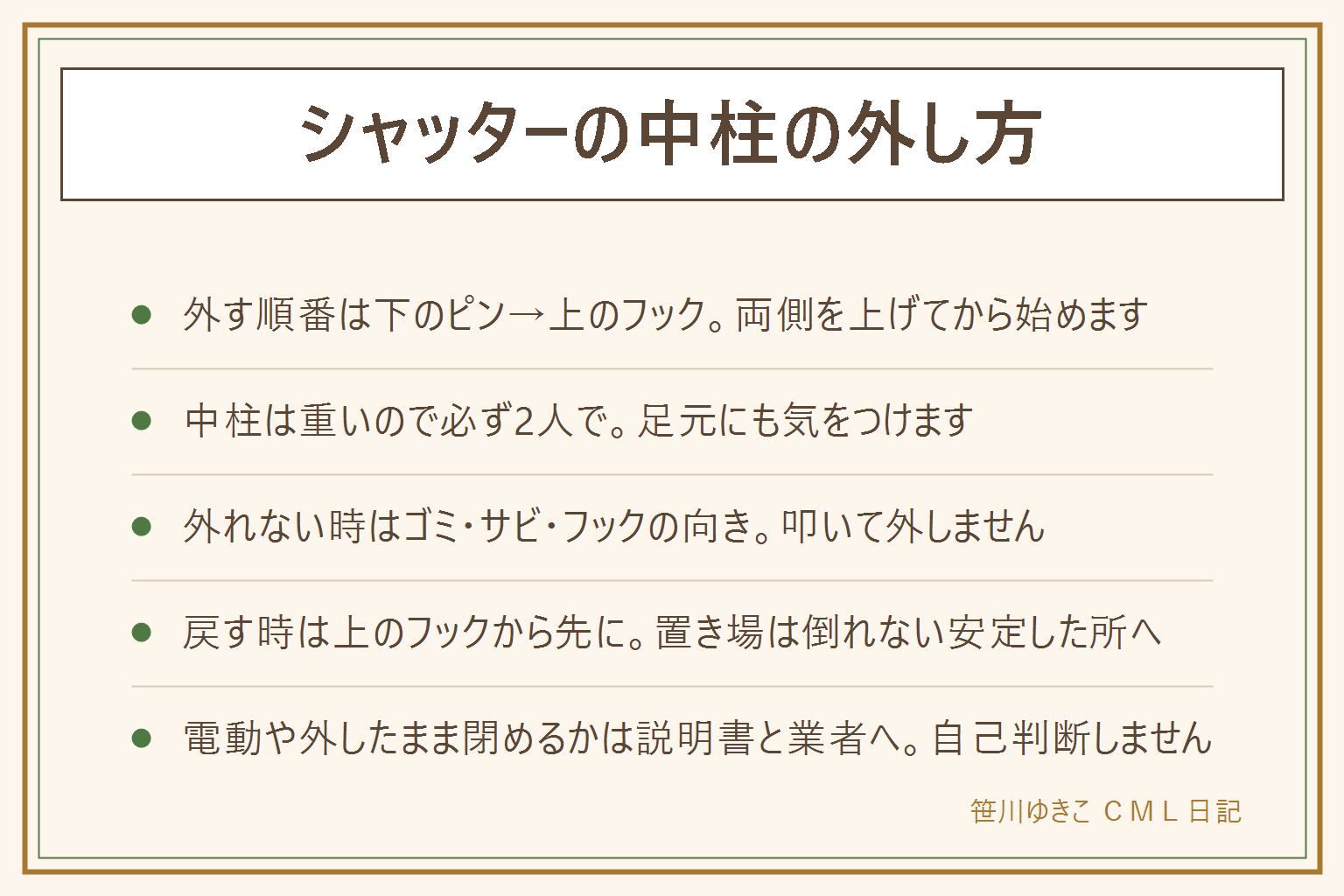 シャッターの中柱の外し方の早見表:中柱には上のフックと回転ロック、中のレバーとつまみ、下の受け金具とピンの3か所にロックがある。外す順番は両側のシャッターを上げてから、下のピンをレバーで外し、最後に上のフックを外して手前に倒す。中柱は重いので必ず2人で足元に注意しながら作業する。外れない時はシャッターが完全に上がっているか、下のピンにゴミやサビがないか、フックの向きを確認し、叩いて外そうとしない。戻す時は上のフックから先に、置き場は倒れても人や車に当たらない安定した場所を選ぶ。電動の中柱や外したまま閉められるかは機種による違いがあるため説明書か業者に確認する