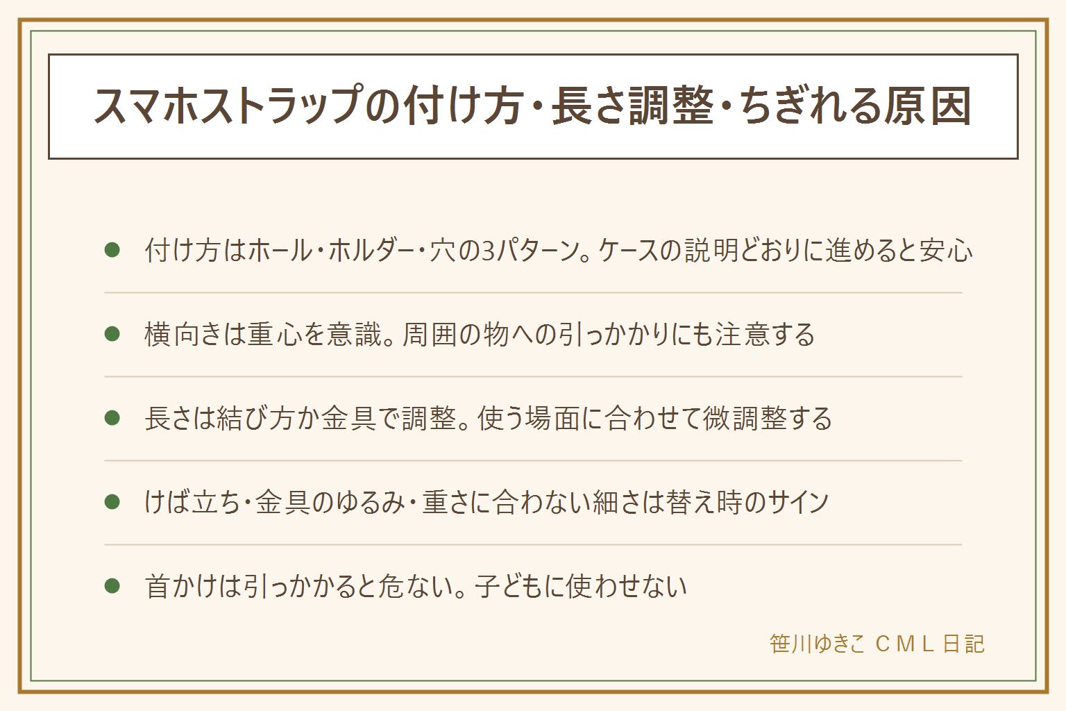 スマホストラップの付け方・長さ調整の早見表:付け方はストラップホール・ケースに挟むホルダー・ケースの穴の3パターンでケースの説明どおりに進める。横向きに付ける時は重心と周囲への引っかかりに注意する。長さは結び方か金具で調整する。ちぎれる前のサインは紐のけば立ち、金具のゆるみ、重さに対して紐が細いこと。首かけタイプは引っかかると首元が締め付けられる心配があり、自転車や電車の乗り降りでは外す、子どもには使わせない。
