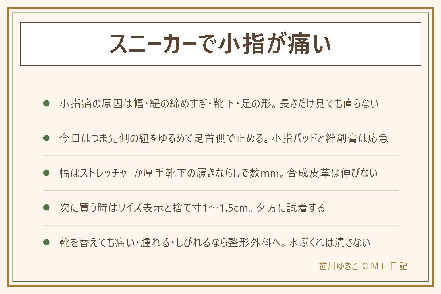 スニーカーで小指が痛い時の早見表:原因は幅が合わない・紐の締めすぎ・靴下の縫い目・小指の付け根が張った足の形・かかとが浮いて前に滑るの5つで、長さだけ見ても直らない。今日しのぐにはつま先側の紐1〜2段をゆるめて上の穴で輪を作り足首側で止める、小指の段は穴を飛ばす、小指ジェルパッドと絆創膏は応急。幅を広げるにはコブ付きストレッチャーか厚手靴下で家の中を歩く、合成皮革は伸びない。次に買う時は足の長さと足囲を測り、ワイズ表示と捨て寸1〜1.5cm、夕方に試着。腫れ・しびれ・続く痛みは整形外科へ、水ぶくれは潰さない