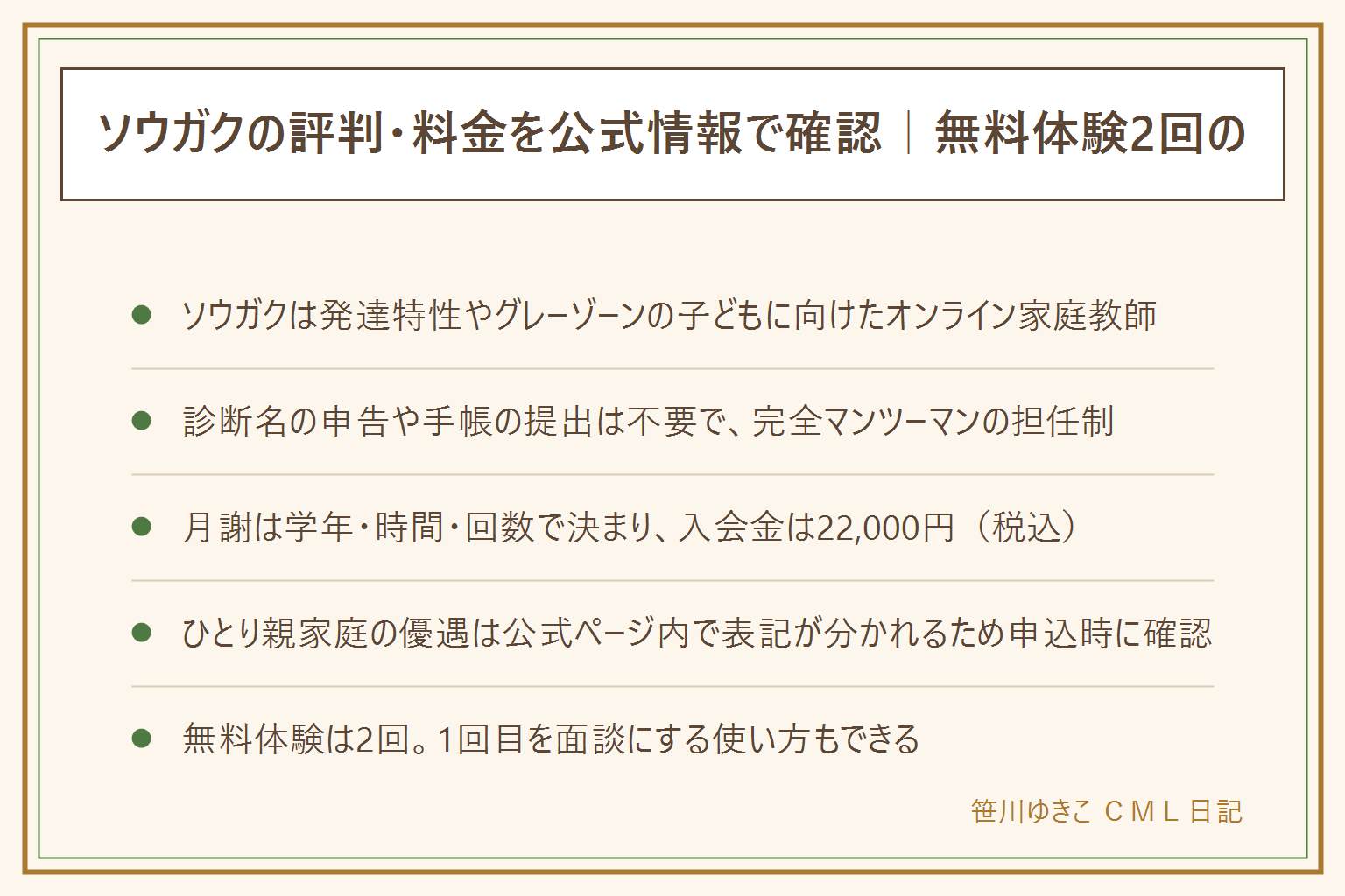 ソウガク早見表:発達特性・グレーゾーンの子ども向けオンライン家庭教師。診断名や手帳の提出は不要、完全マンツーマンの担任制。月謝は学年・時間・回数で決まり、入会金22,000円(税込)。小学生25分月4回13,200円、中学生35分月4回18,480円、高校生35分月4回21,560円(税込・2026年9月時点)。ひとり親家庭の優遇は公式ページ内で入会金免除と半額の表記が分かれるため申込時に確認。無料体験は2回で1回目を面談にする使い方も可能。流れは申込→ヒアリング→無料体験2回→入会するか決める。