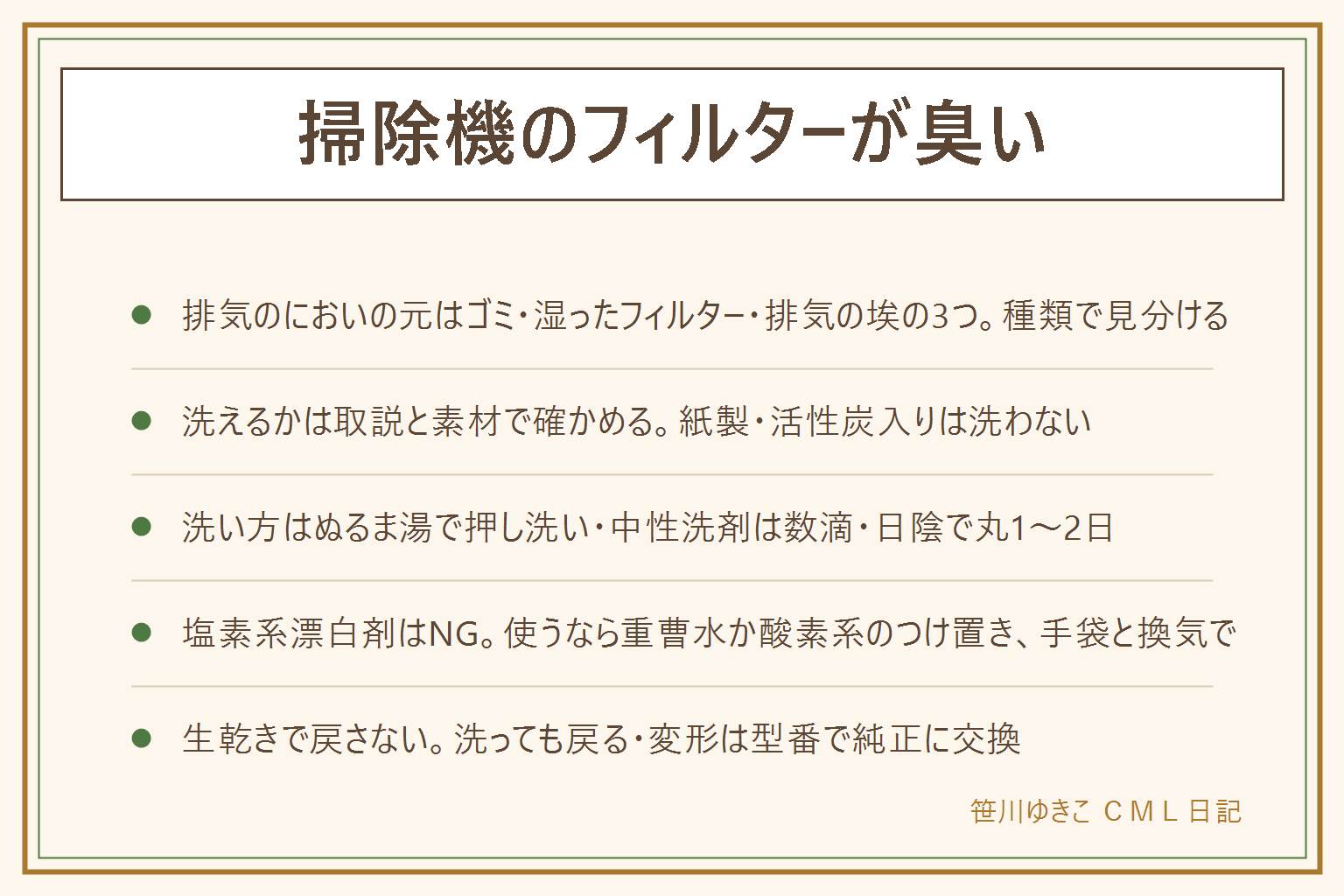 掃除機のフィルターが臭い時の早見表:排気のにおいの元はダストボックスのゴミ(生ゴミ臭・捨ててすぐ軽くなる)、湿ったフィルター(雑巾臭・生乾きが原因)、排気の埃(ホコリ臭・目詰まり)の3つ。洗えるかは取扱説明書と素材で確かめ、紙製や活性炭入りは洗わない。洗い方はプラグを抜いて外で叩き、30〜40℃のぬるま湯で押し洗い、もまない、中性洗剤は数滴、泡が消えるまですすぎ、タオルではさんで水気を取り、日陰で丸1〜2日、扇風機の風を当てる。塩素系漂白剤は素材を傷めて塩素が残るのでNG、重曹水は1リットルに大さじ1で30分、酸素系漂白剤は40℃で30分〜1時間、手袋と換気。ドライヤーの熱風、乾燥機、直射日光は使わない。ゴミは7〜8割で捨て、濡れたゴミを吸わない。洗っても戻る、黄ばみ、変形は型番で純正に交換、焦げ臭い時は使用中止